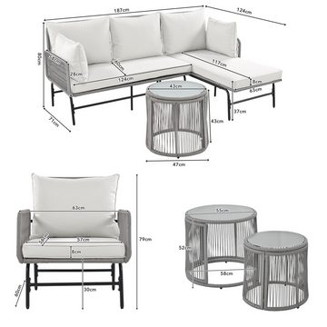HAUSS SPLOE Gartenlounge-Set mit 2 Sessel, 2 Sofas, 2 Tische und Kissen aus Seil und Eisen Grau