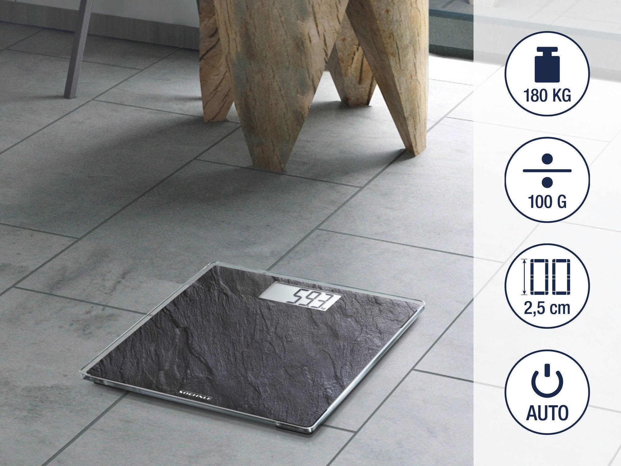 Soehnle Personenwaage Style Sense Compact 300 Slate, 1-tlg., LCD-Anzeige, flaches Design, bis 180kg, kg/lb/st, inkl. Batterien