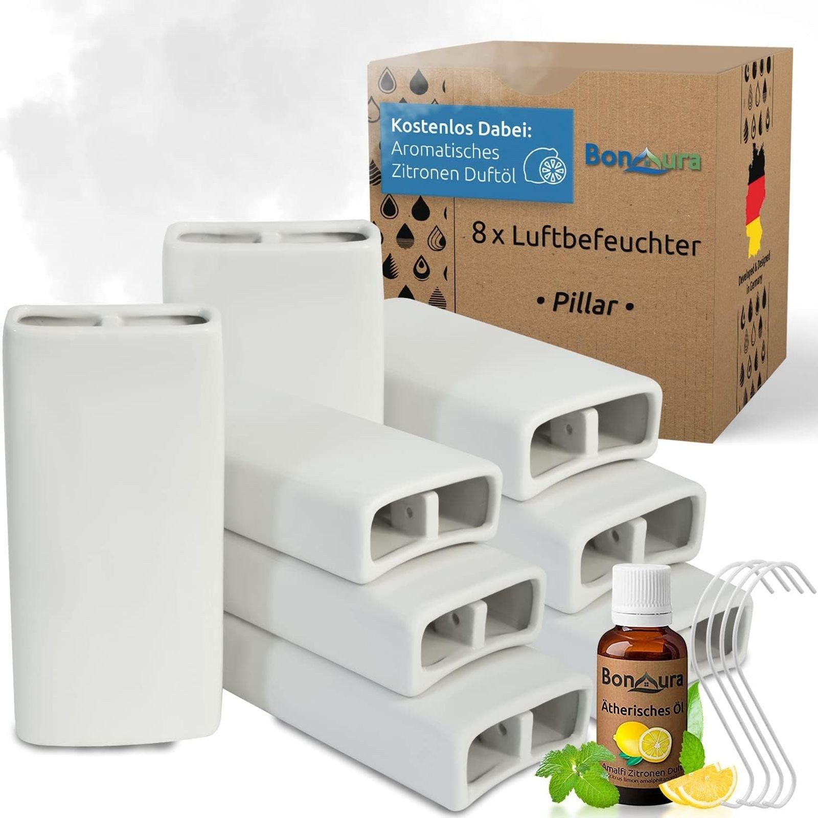 BonAura Luftbefeuchter 8x Verdunster für Heizung Keramik Heizkörper Verdampfer zum anhängen, Wasserverdunster inkl Haken und Duftöl