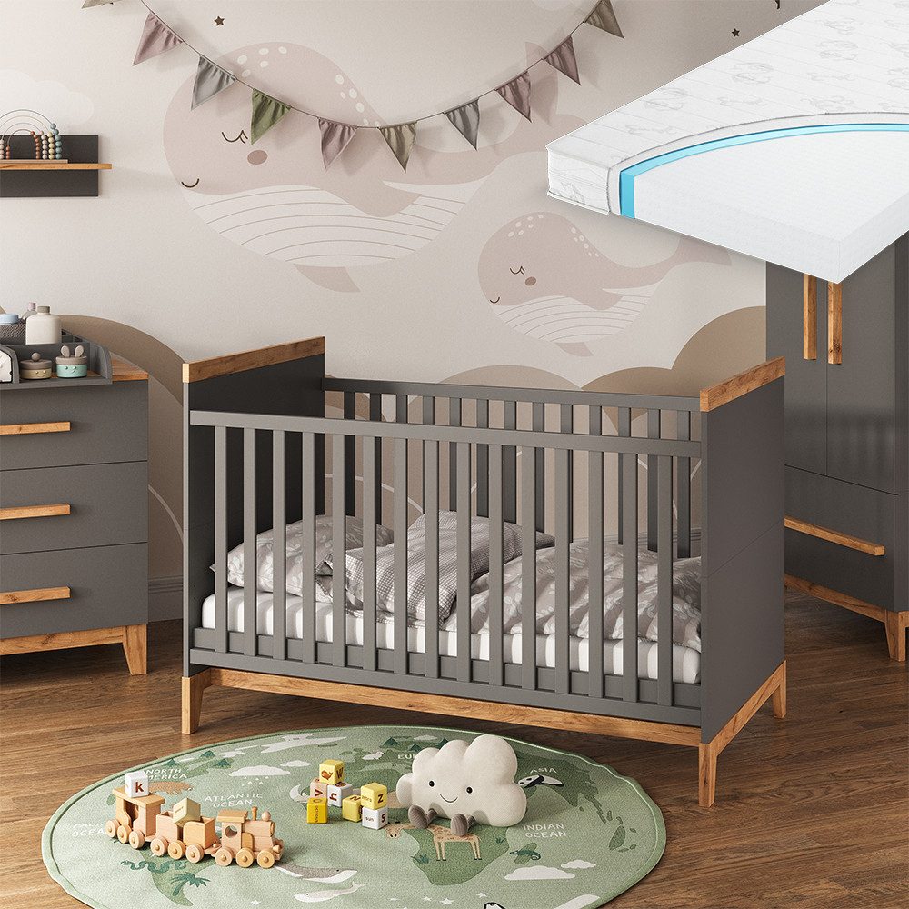VitaliSpa® Babybett Malia, Grau/Artisan, 70x140 cm mit Matratze, 2-tlg.