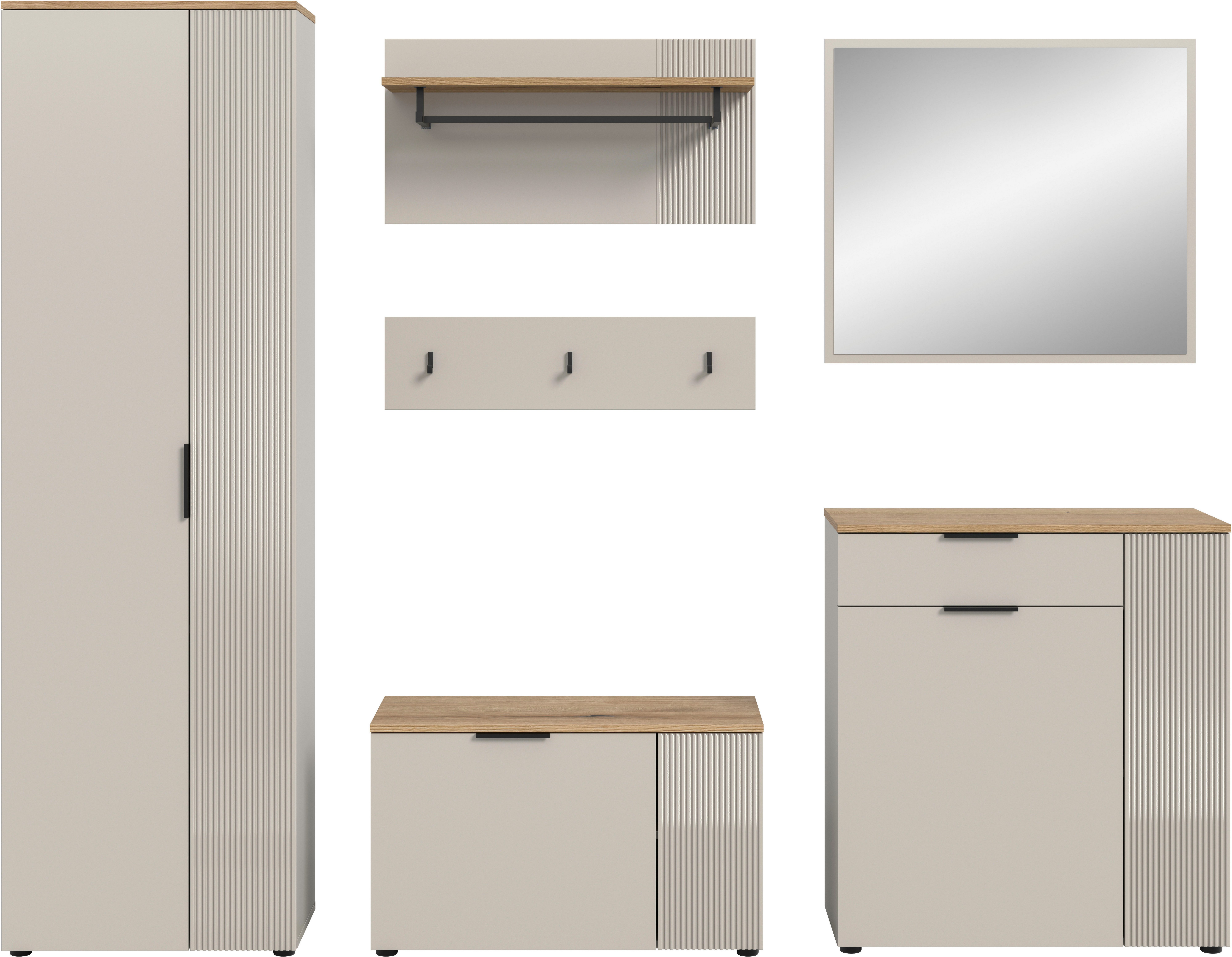 Home affaire Garderoben-Set EDIL, Breite 250 cm, 6-teilig, Front mit hochwertiger Längstfräsung, (Set, 5-St., Hochschrank, Sitzbank, Paneel, Hakenleiste, Kommode & Spiegel), Garderobenkombination, Kombination, Set, Garderobe, Flurgarderobe
