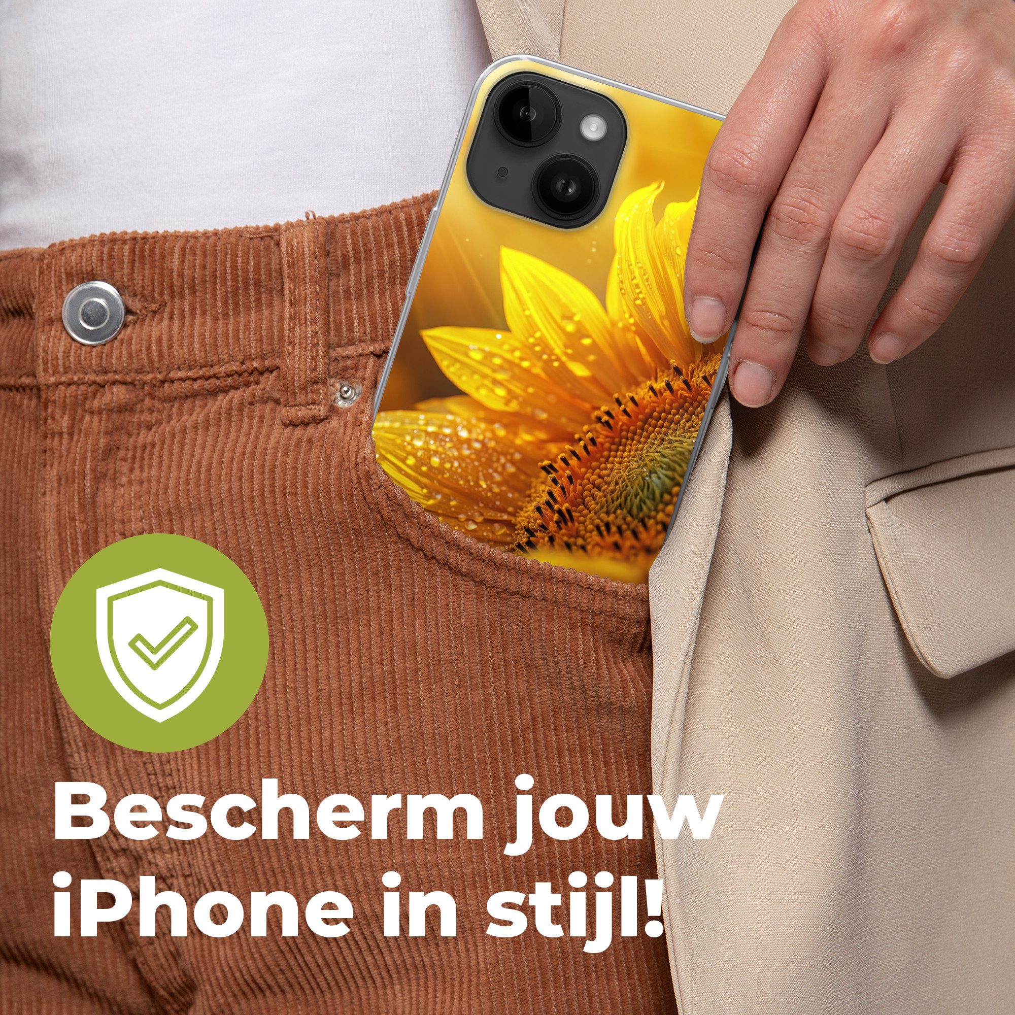 MuchoWow Handyhülle für Apple iPhone 14 Sonnenblume - Tautropfen - Gelb - Sonnenlicht, Smartphone-Bumper, Print, Handy Schutzhülle Dünn
