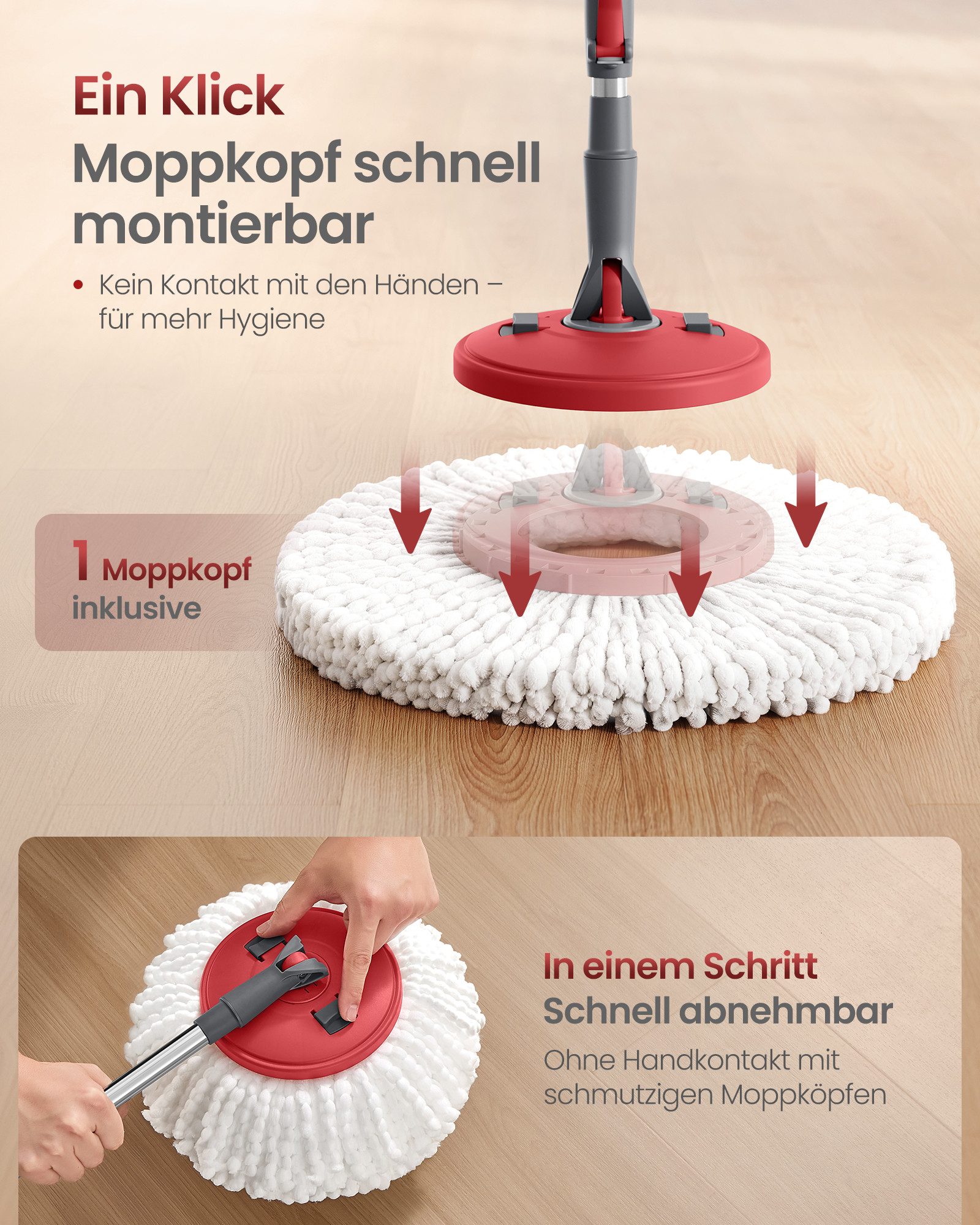 SONGMICS Wischmopp-Set mit Eimer, Putzeimer mit Pedal und Auswringfunktion, (1-St), Teleskopstiel 122,5-150 cm, 360°-Drehkopf, 1 Mikrofaserbezug