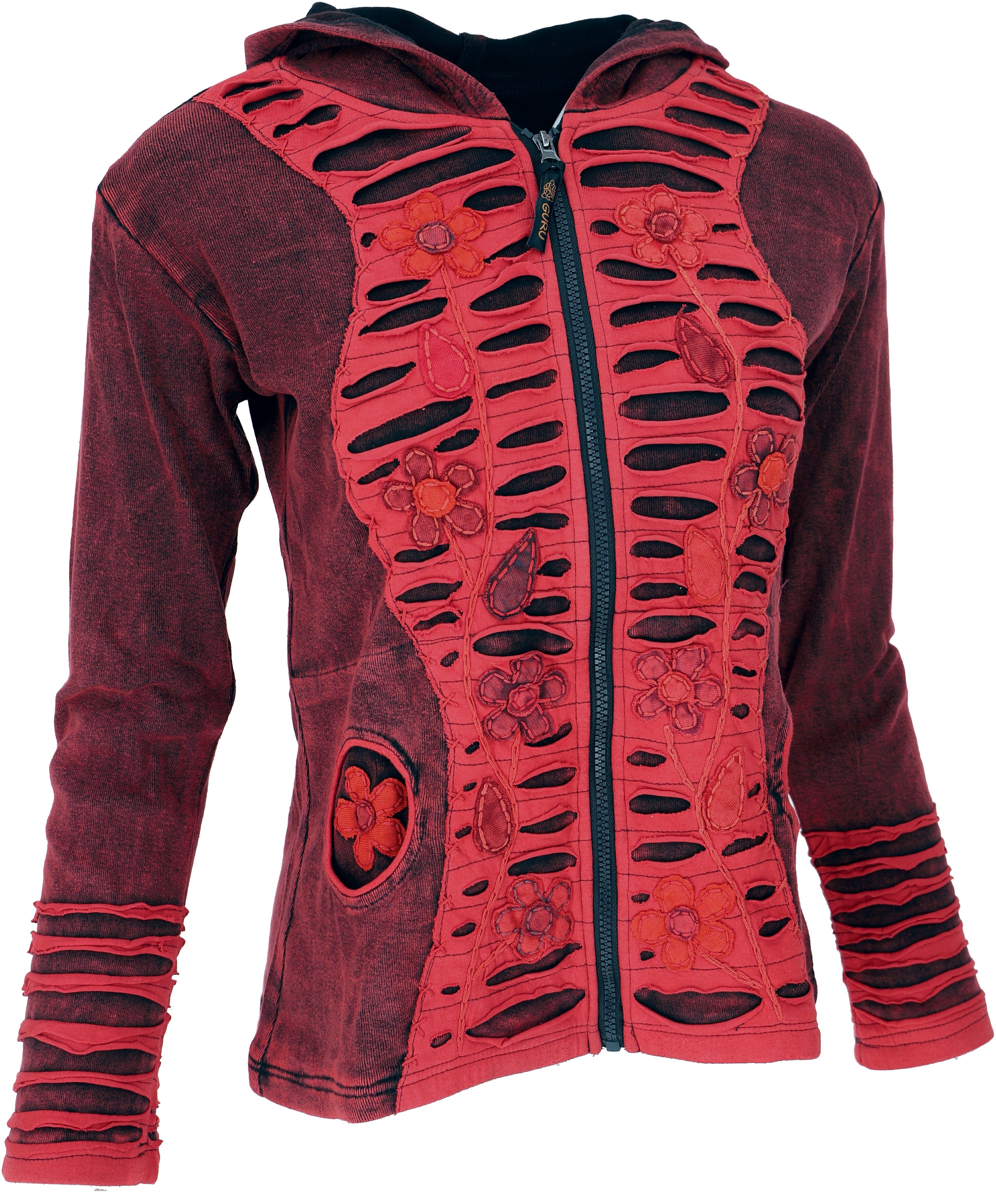 Patchwork.. Guru-Shop Boho Bekleidung alternative Langjacke Goa rot Jacke, Stonewash