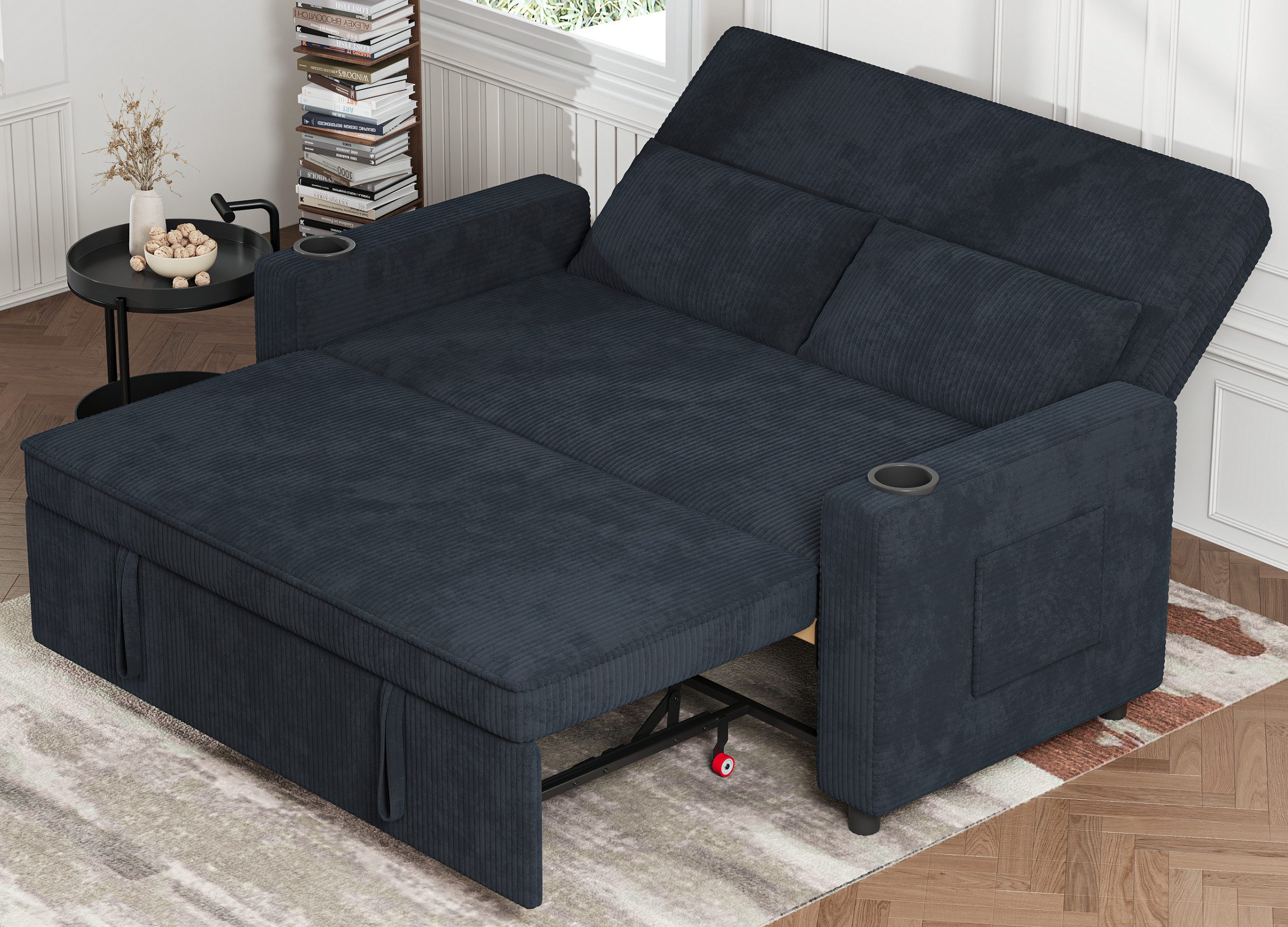 GUNJI Sofa Mit Bettfunktion, mit ausziehbarer sofas wohnzimmer, Hochwertiges Cordsofa mit zwei integrierten Getränkehaltern, ausziehbarem Doppelschlafsofa mit fünf Liegepositionen, geeignet für Wohn- und Schlafzimmer.