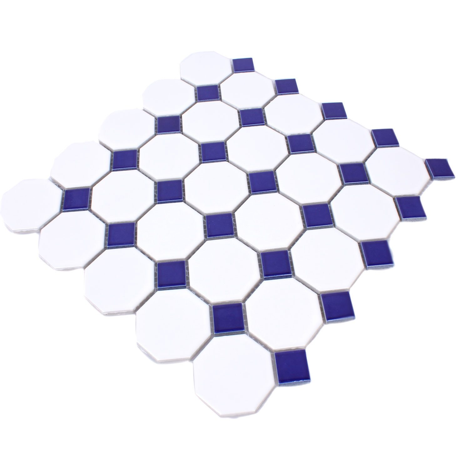 Mosafil Mosaikfliesen Keramik Mosaikfliesen Octagon Belami Weiß Blau 56, Keramik 29.500x29.500, weiß-blau, Verlegefertig auf ein Netz geklebt - Frostsicher - Wasserfest