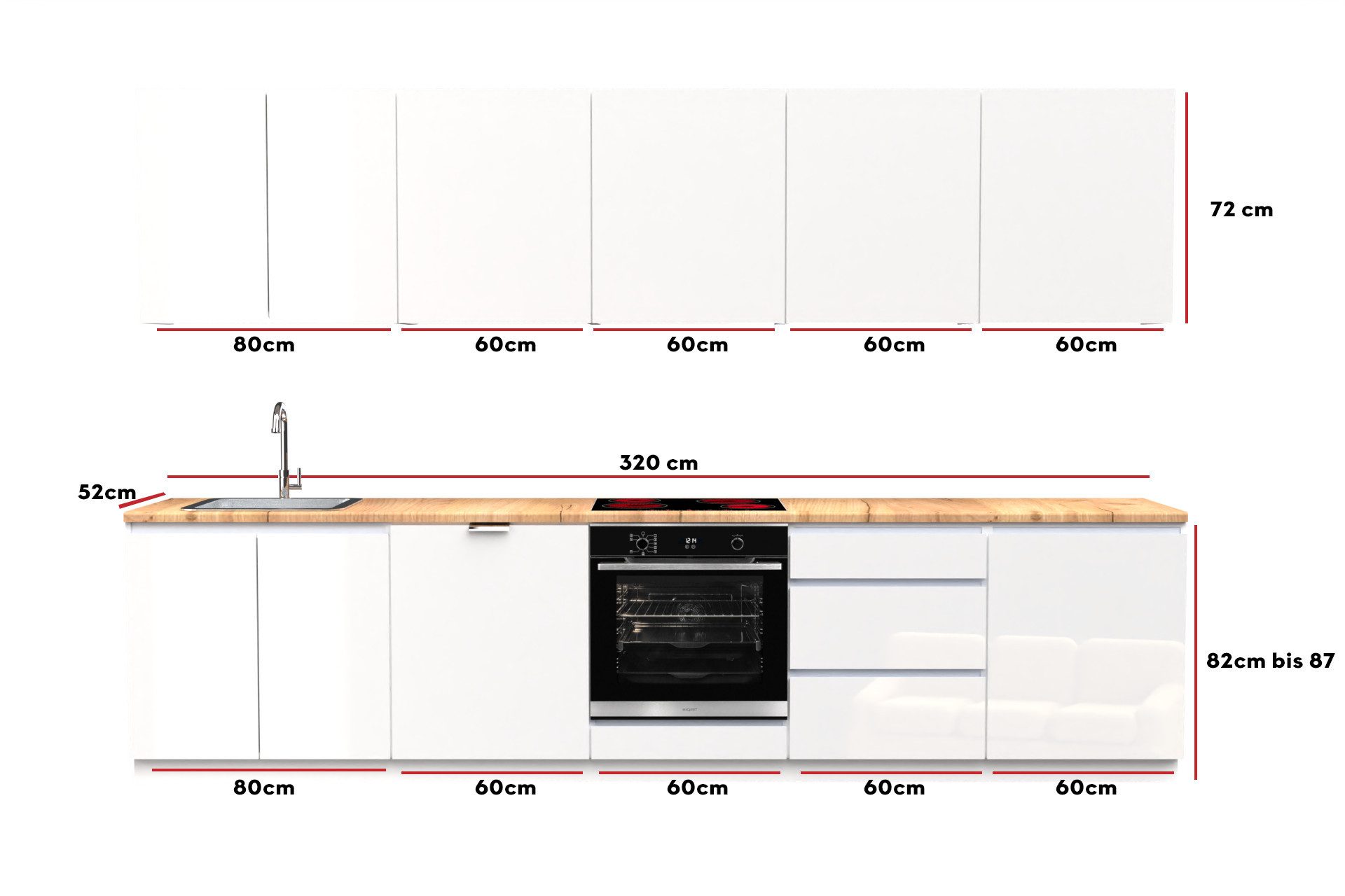OMILI Küchenzeile OMEGA Grifflose (Breite 320cm), Fronten19 mm Acryl,SOFTCLOSE,Einfache Selbstmontage,SIND ERWEITERBAR! – Bild 3 von 5
