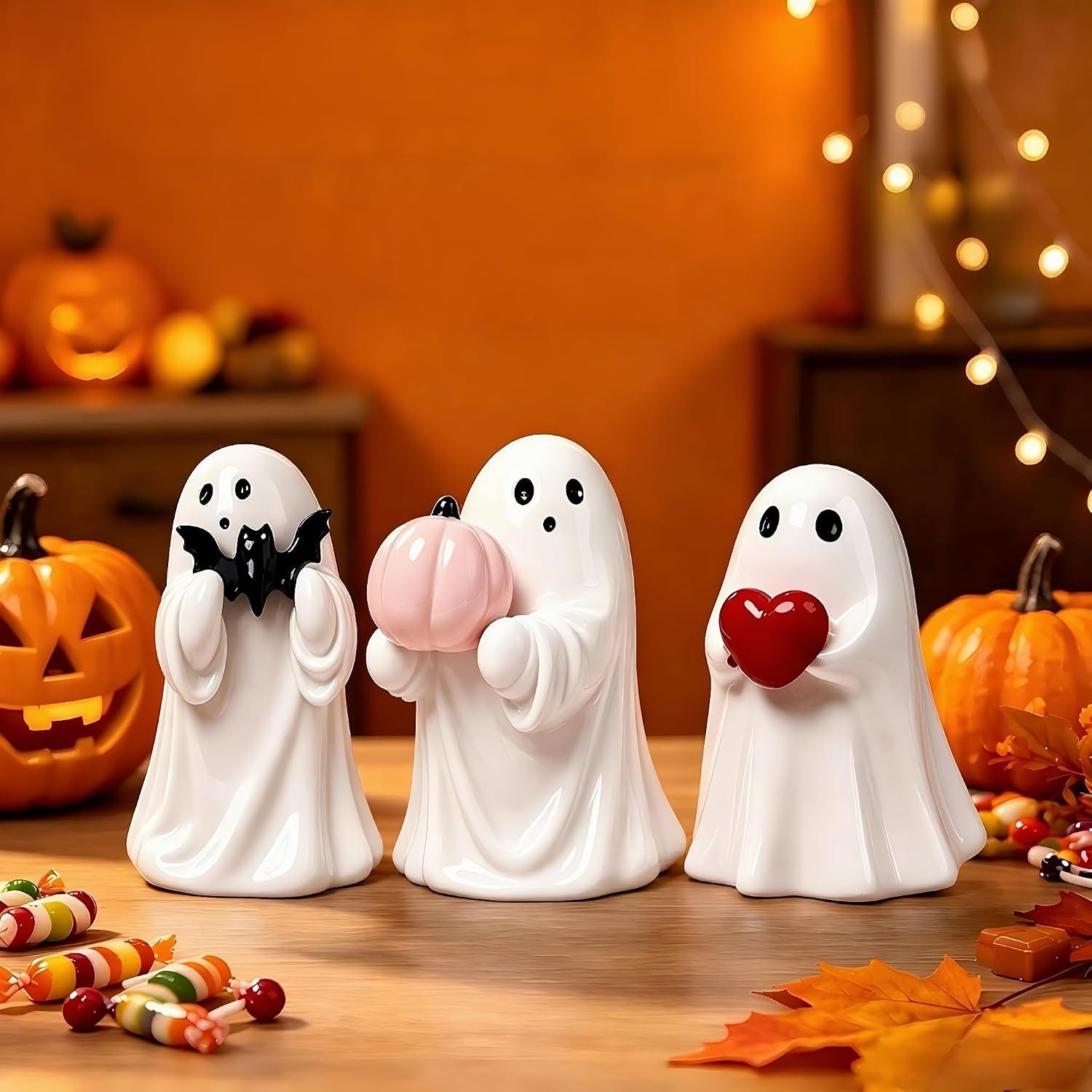 FELIXLEO Dekoobjekt 3 Stück Halloween Geister Figuren aus Harz mit Fledermaus und Kürbis