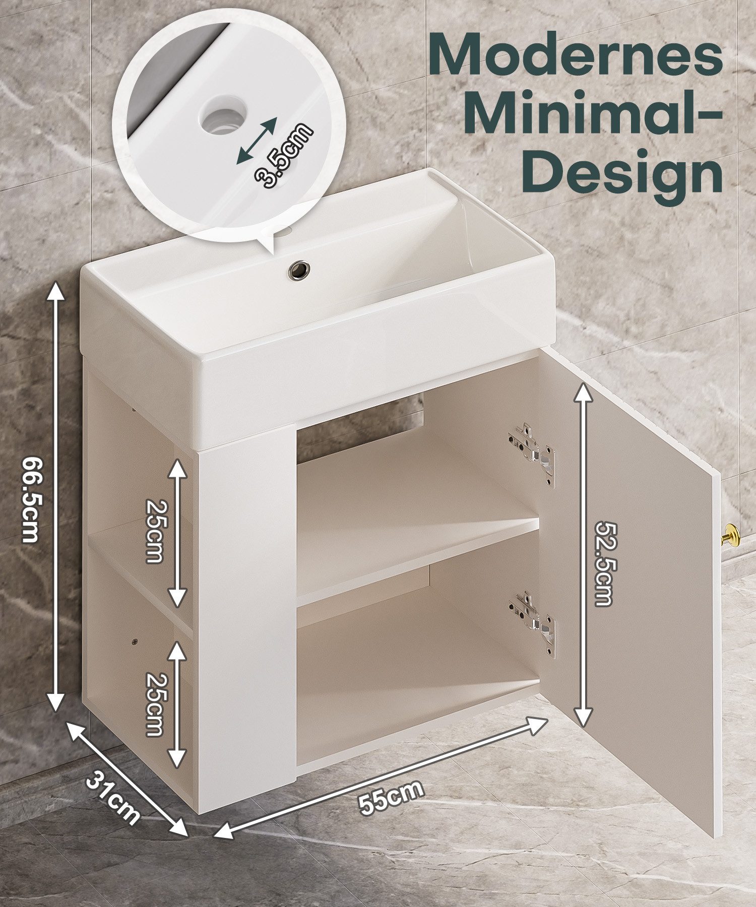 Yorbay Waschtisch Badmöbel Waschtischunterschrank (Breite 55 cm, Badschrank mit Waschbecken), Waschbecken mit Waschtisch für kleine Badezimmer – Bild 4 von 5