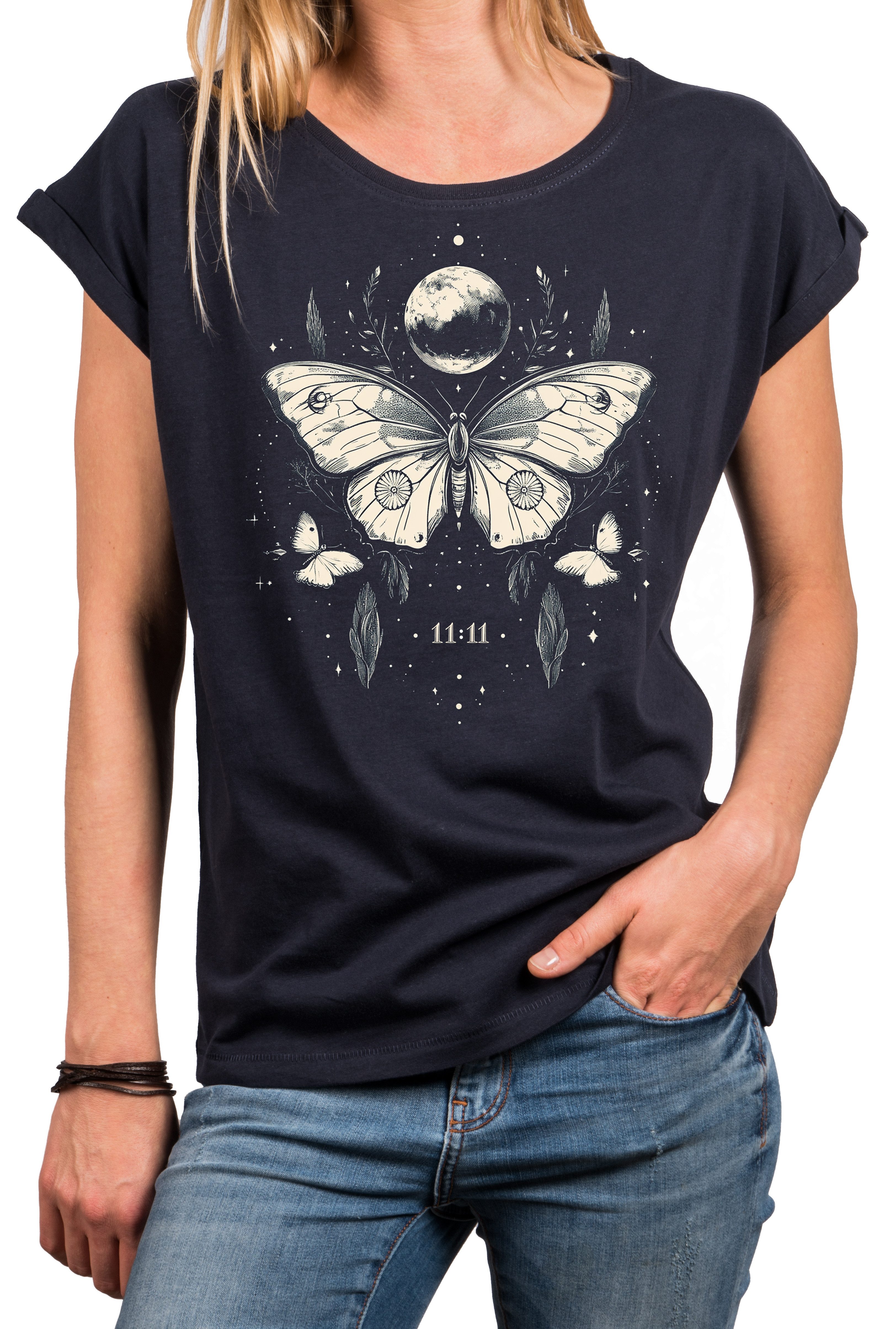 MAKAYA Print-Shirt Schmetterling Damen Tunika Vintage Aufdruck Stylisch Boho Top Modisch (Schwarz, Blau, Grau, 34, 36, 38, 40, 42, 44, 46, 48, 50) Baumwolle