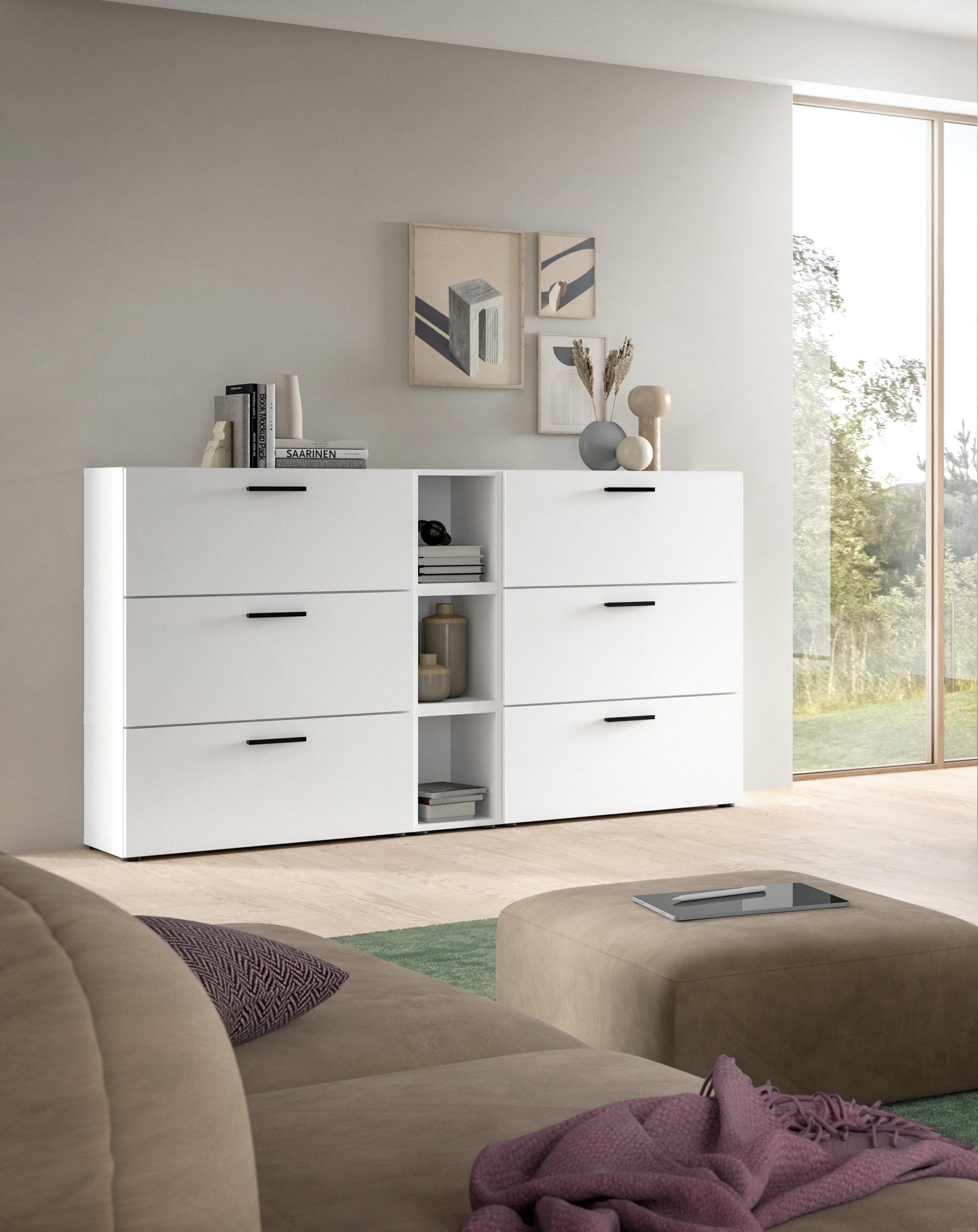 furnling Kommode Onea (9 St), 3 offene Fächer, 6 Klappen, Breite 176 cm, weiß