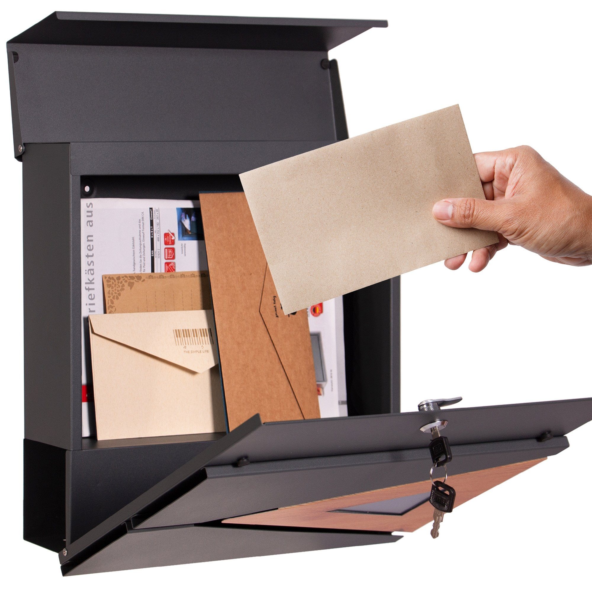 Mailbox, 2 Stahl 37x36,5x11cm Zeitungsfach Anthrazit/Holzoptik Modern ML-DESIGN Wandbriefkasten Abschließbar Briefkasten mit Schlüssel Zeitungsrolle Postkasten mit