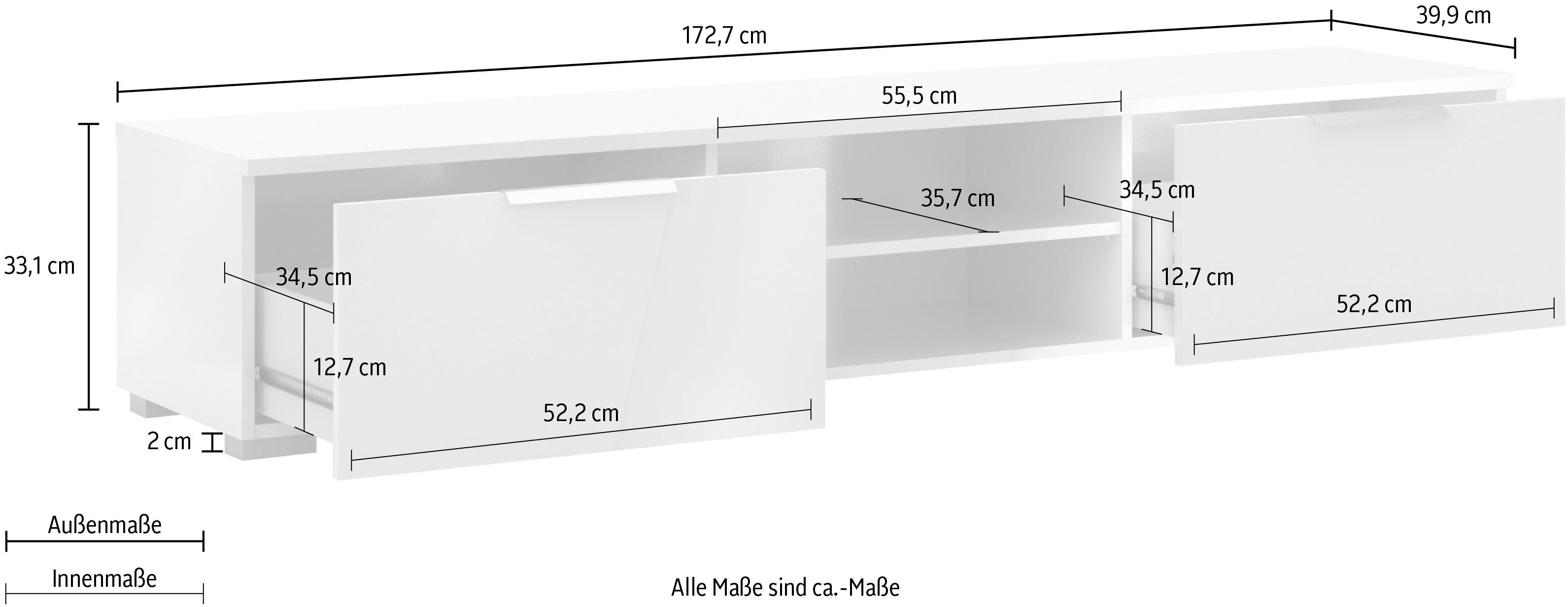 in Hochglanz Farbvarianten, Breite 172,7 pflegeleichte cm TV-Board Oberfläche, Home affaire weiß Match,