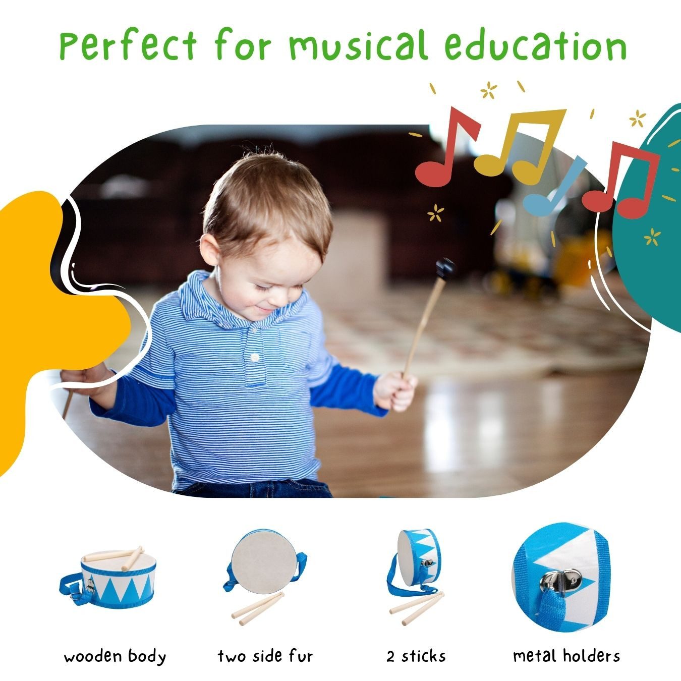 GICO Spielzeug-Musikinstrument Trommel für Kinder blau/weiss – Holz, 20 cm, mit Sticks & Gurt- 3845