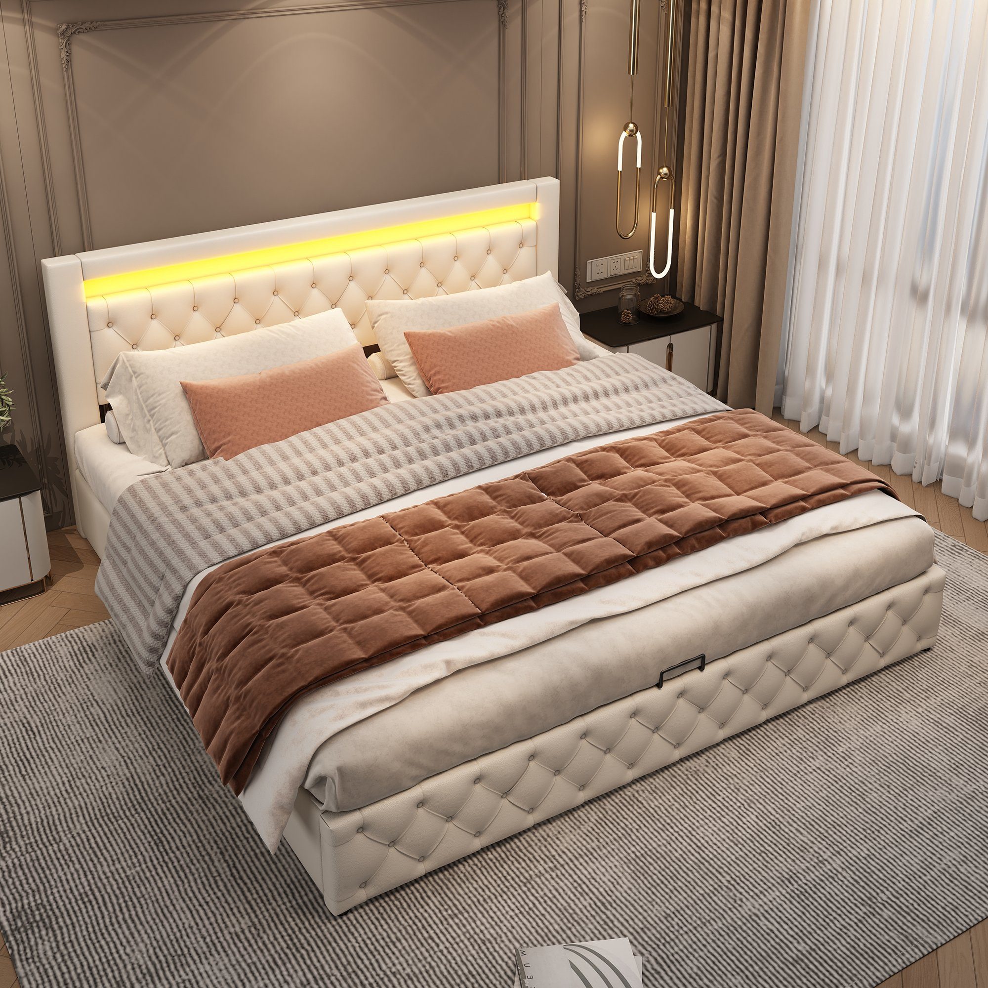 Boxspringbett (Hydraulisches Bett 180x200cm mit Bettkasten), Polsterbett mit LED-Beleuchtung, Kunstleder, weiches Kopfteil