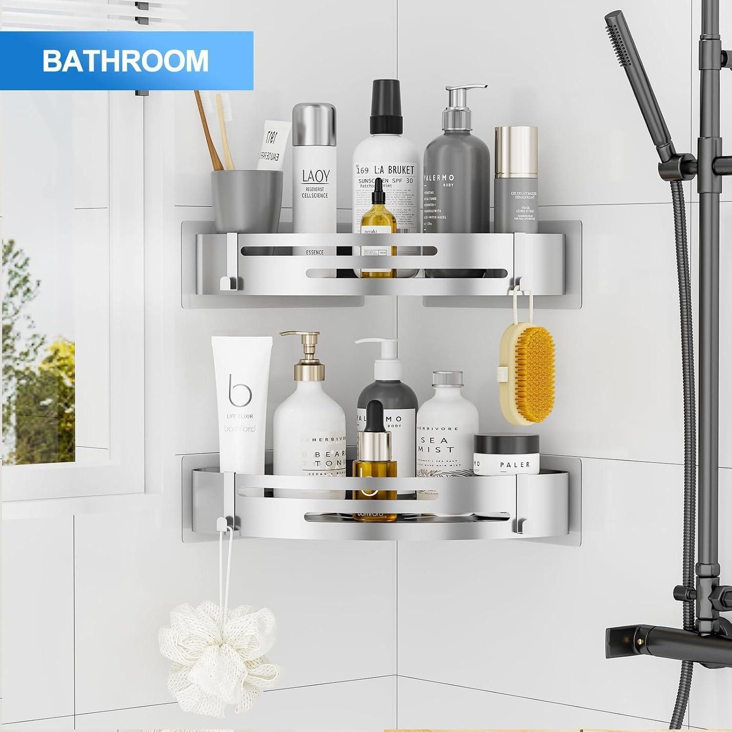 LuxusKollektion Duschablage Duschablage ohne Bohren Edelstahl Selbstklebend 4 Haken Silber 2 Stück – Bild 2 von 5