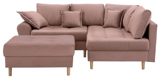 HOME AFFAIRE Ecksofa RICE, Set, mit Hocker, Massivholzfüße und Federkernpolsterung Samtoptik Rose