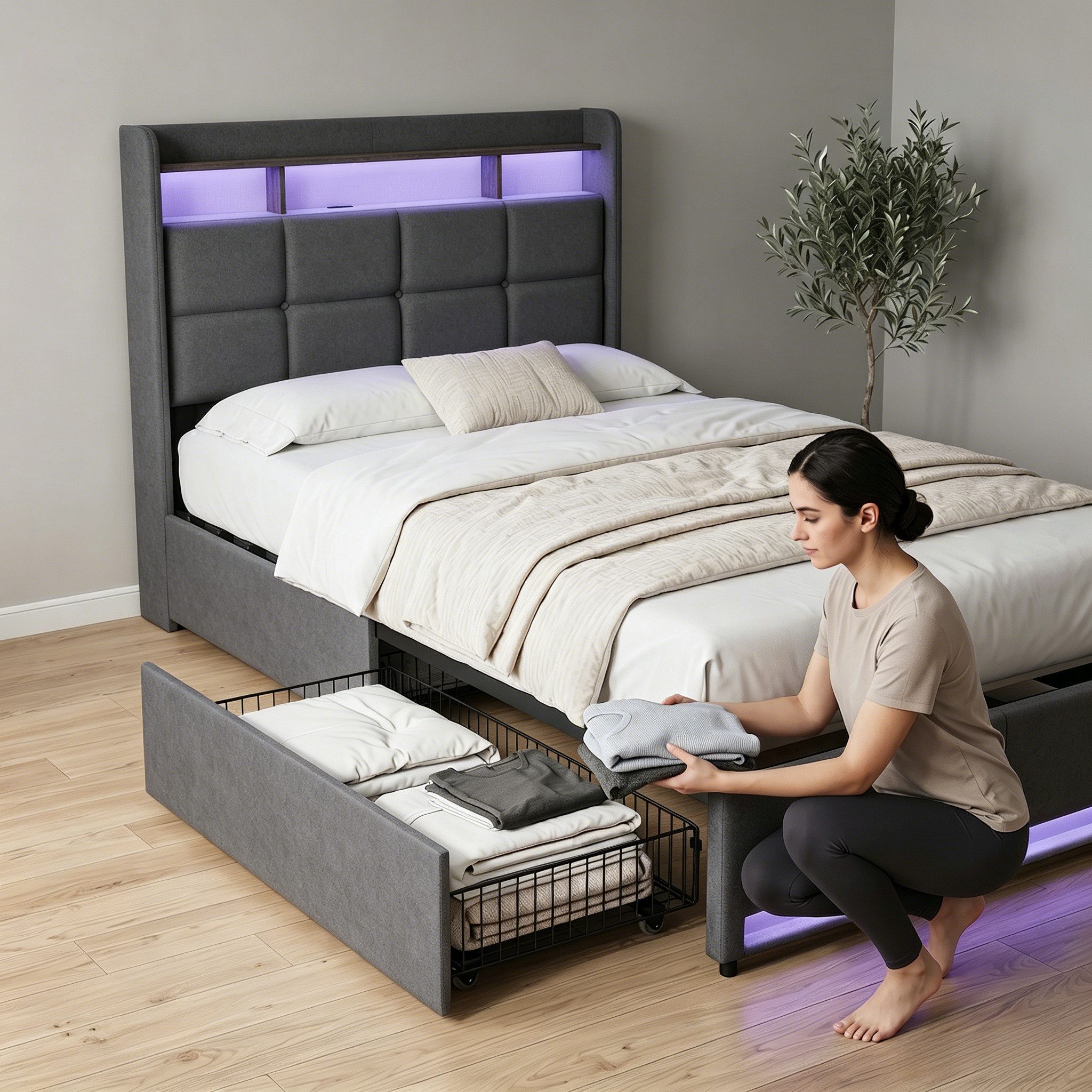 Furnishings Home Polsterbett LED Doppelbett Stauraumbett mit Kopfteil und 4 Schubladen (Leinenmaterial Polsterbett mit RGB Beleuchtung), mit Lattenrost und Ladefunktion, mit Komforthöhe, Leises Design Bett