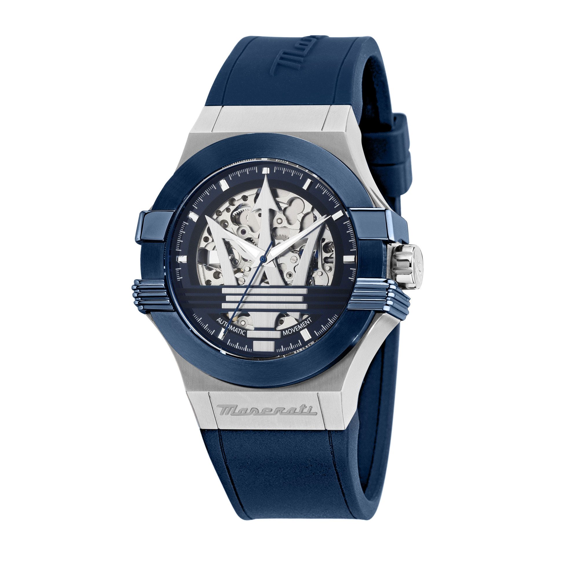 MASERATI Automatikuhr Potenza R8821108050, 42 mm – Herrenuhr mit skelettiertem Zifferblatt, & blauem Silikonband