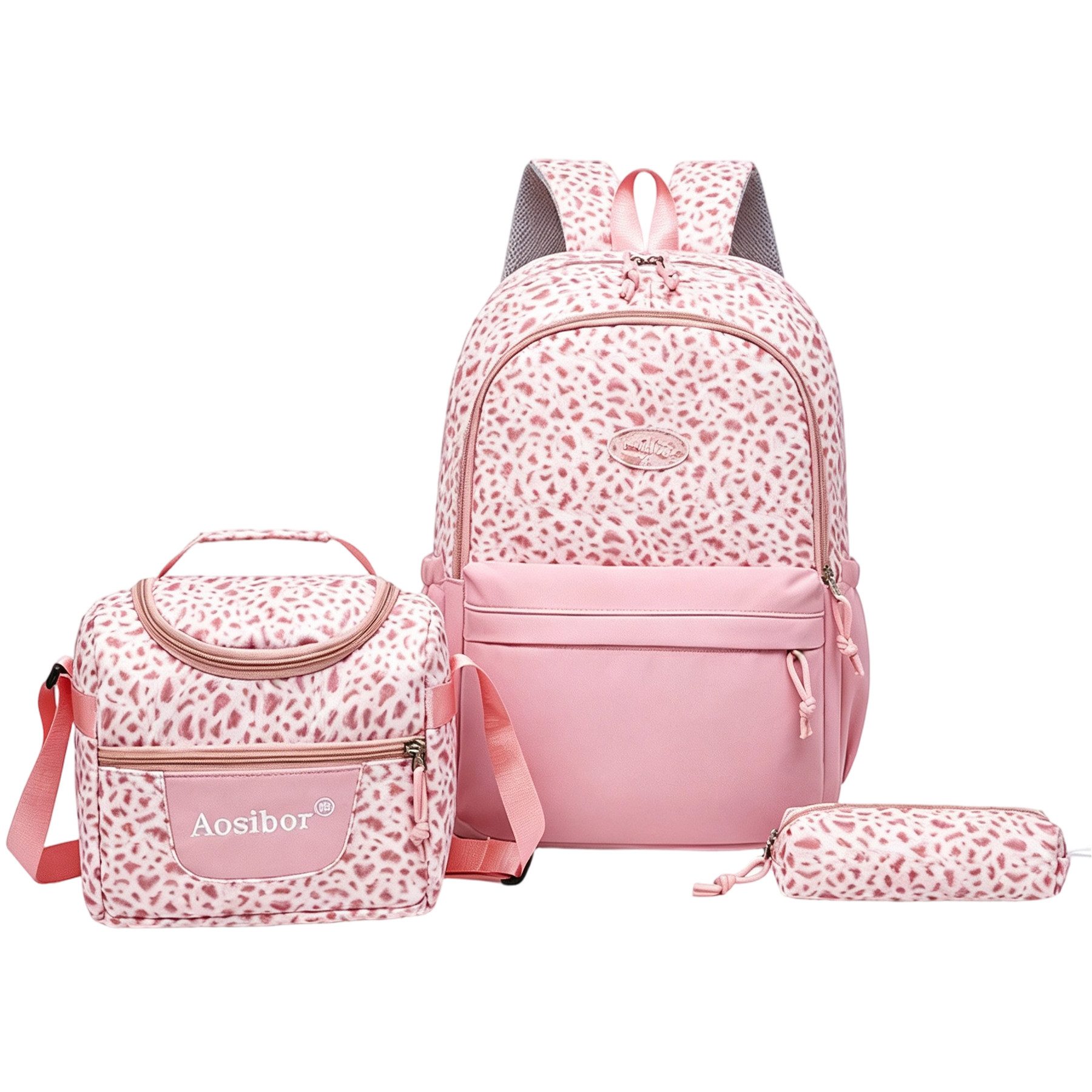 Mutig Schulrucksack Geräumiger dreiteiliger Schulrucksack mit Leopardenmuster (Leichter Daypack mit großem Volumen für Jungen und Mädchen, Rucksack Schule mit Federtasche & Lunchbox, wasserabweisend), Für Mittelschule, Campus, Freizeit & Outdoor