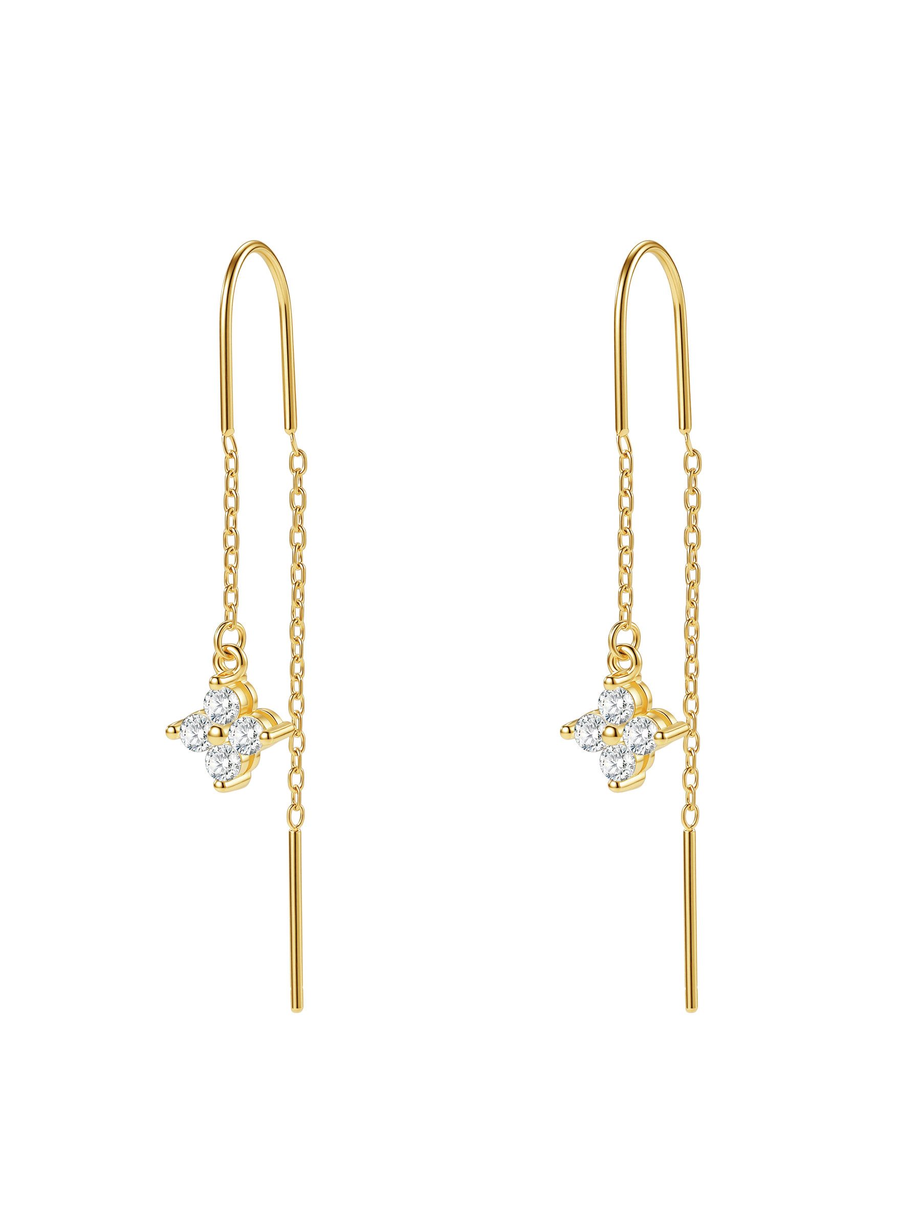 Hey Happiness Paar Ohrstecker 925 Sterling Silber, Durchfädel Ohrringe 18K vergoldet, Threader Earrings mit Zirkonia Blumen-Motiv, lange Kettchen Ohrhänger