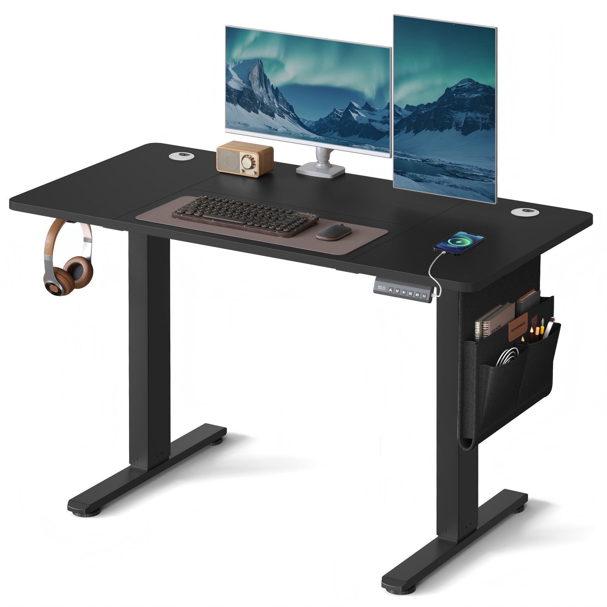 SONGMICS Schreibtisch Höhenverstellbarer elektrisch, 100/120/140/160/180 cm, USB-C-Anschluss, Memory-Funktion für 4 Höhen, mit Stoff-Organizer