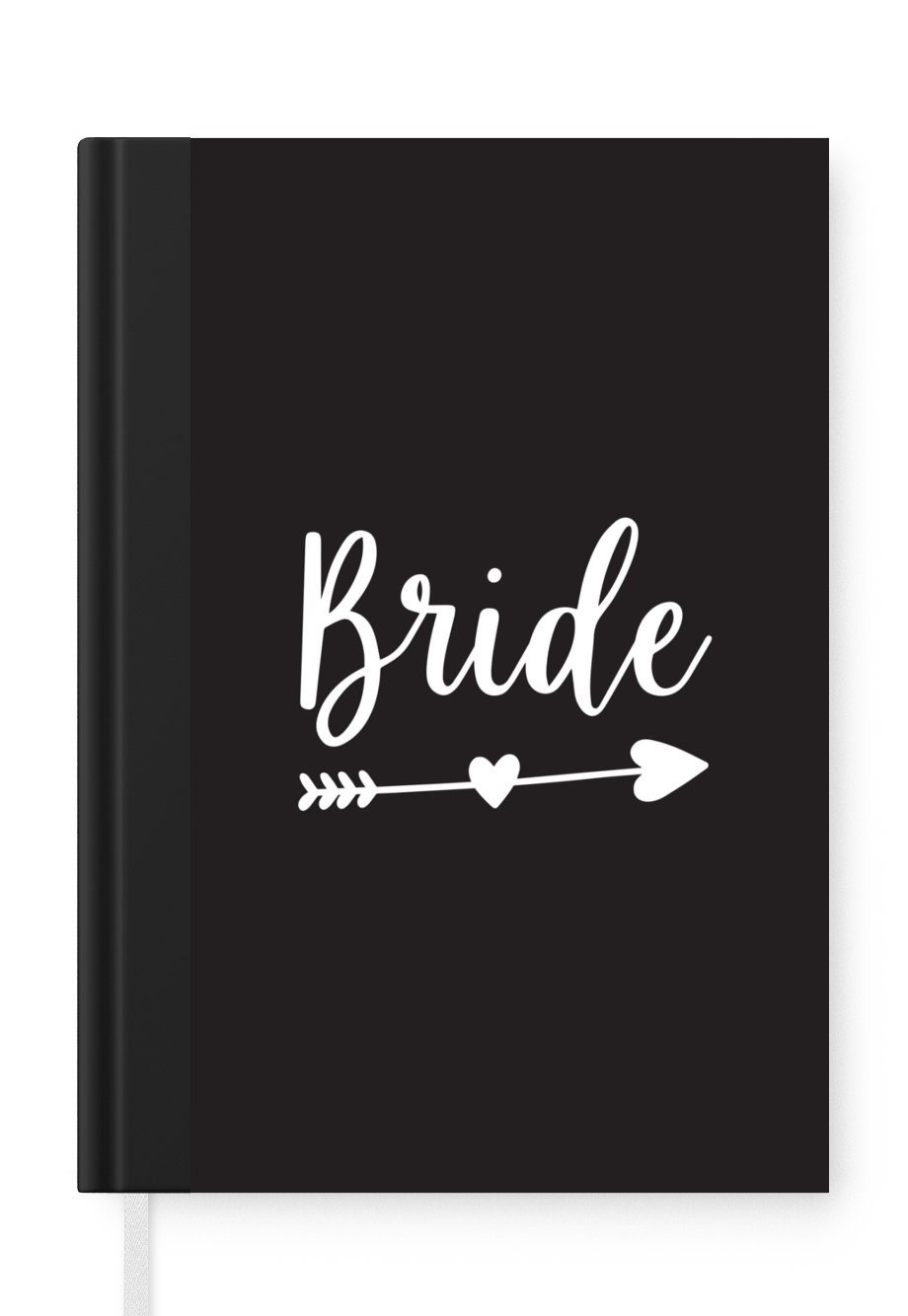 MuchoWow Notizbuch Pfeil durch ein Herz mit dem Wort "Braut" auf schwarzem Hintergrund, Journal, Merkzettel, Tagebuch, Notizheft, A5, 98 Seiten, Haushaltsbuch