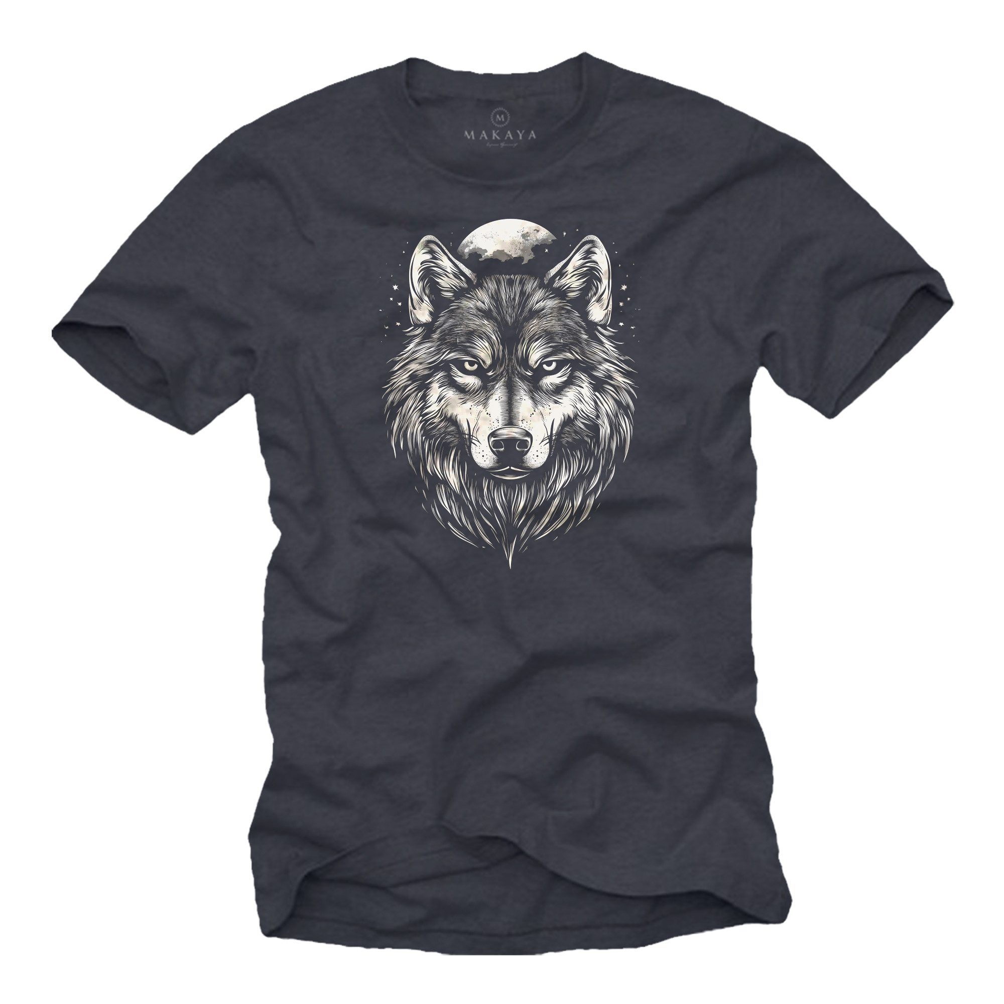 T-Shirt mit Wolfskopf Vintage Wolf Motiv für Männer Wikinger Mond Viking