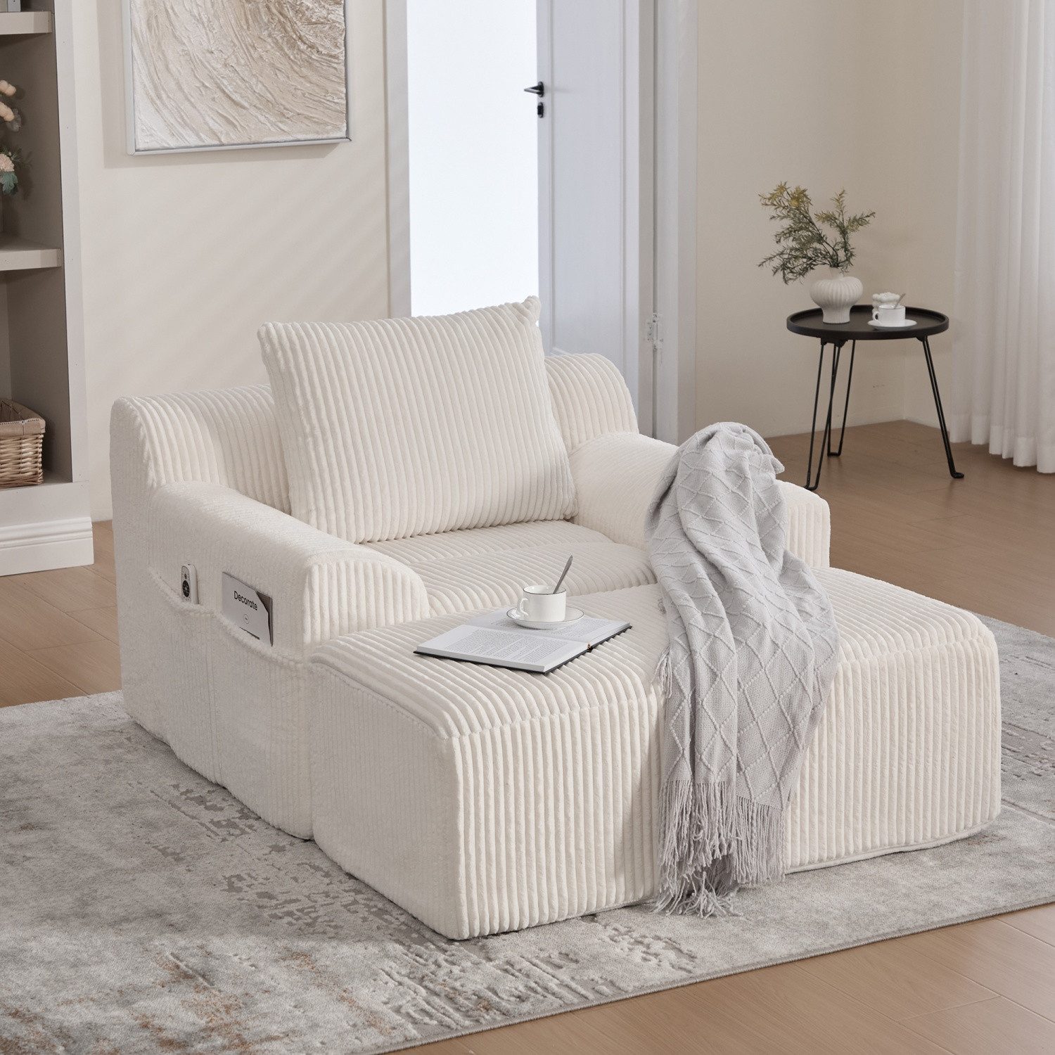ANYSUN Relaxsessel Übergroßer Sofasessel mit FuBstutze,Loungesessel,Sessel (Lesesessel aus Kordsamt mit Seitentaschen und Kissen,tiefer Sitz), moderner gepolsterter Sessel, Sofasessel,keine Kein Zusammenbau nötig