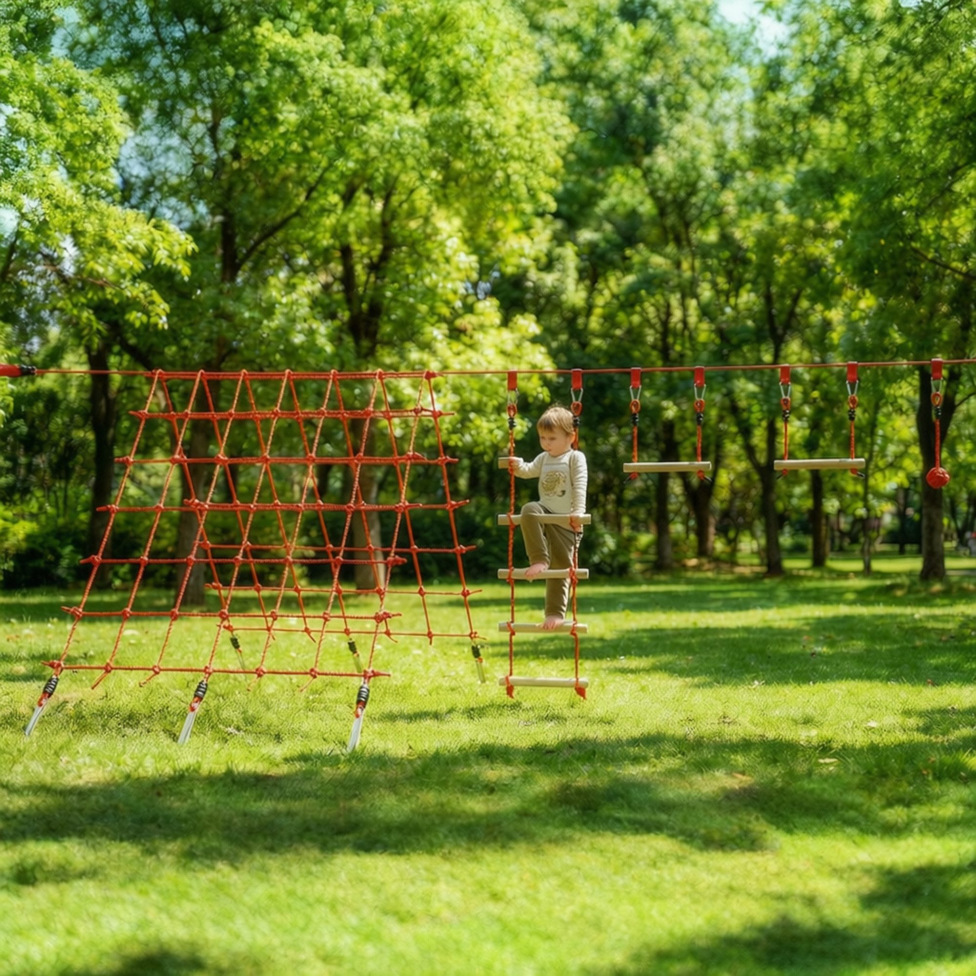 AIYAPLAY Slackline Ninja Line Kinder mit Turnringe, Schaukel, Kletterleiter, für 3-6 Jahre Kinder Rot