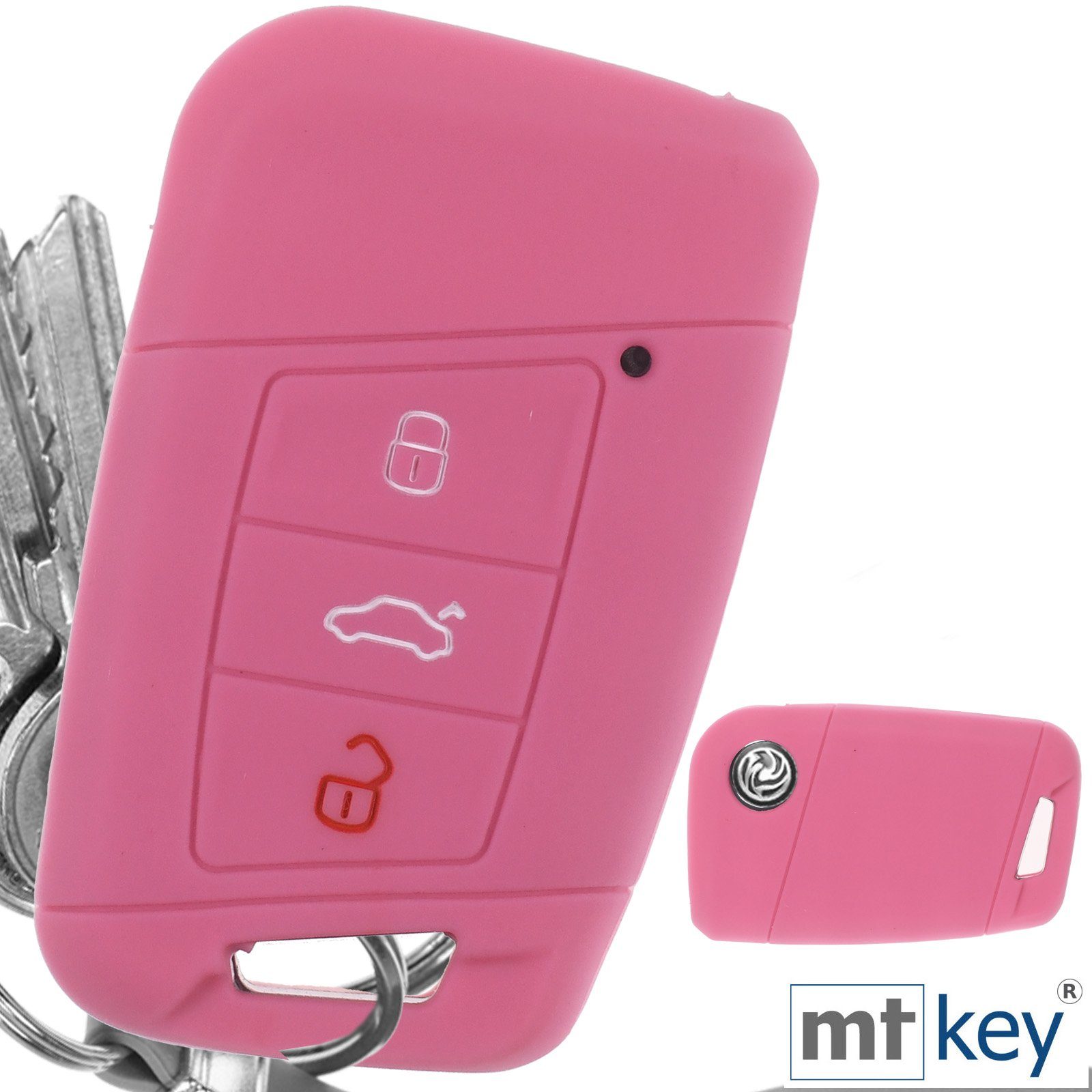 mt-key Schlüsseltasche Autoschlüssel Softcase Silikon Schutzhülle Rosa, für VW Passat B8 Arteon Skoda Kodiaq 3 Tasten KEYLESS SMARTKEY