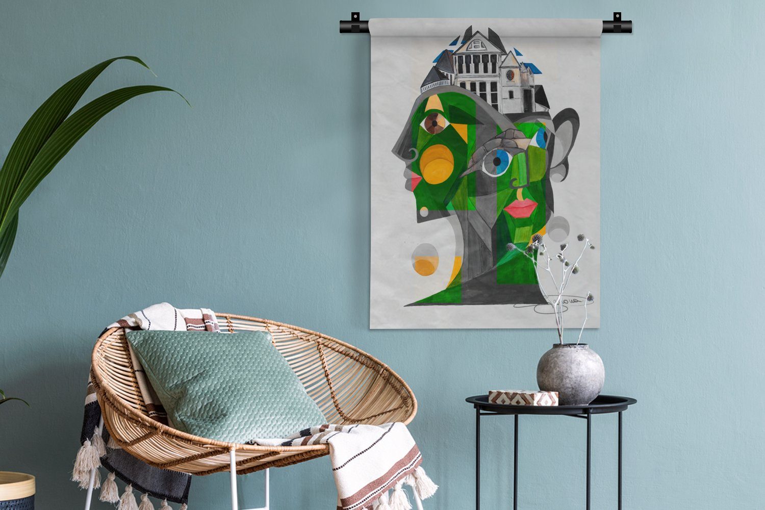 - MuchoWow Gesichter für Haus Wand, Grün, Tapisserie, der Wohnzimmer, Deko - an Abstrakt Wanddekoobjekt Schlafzimmer -