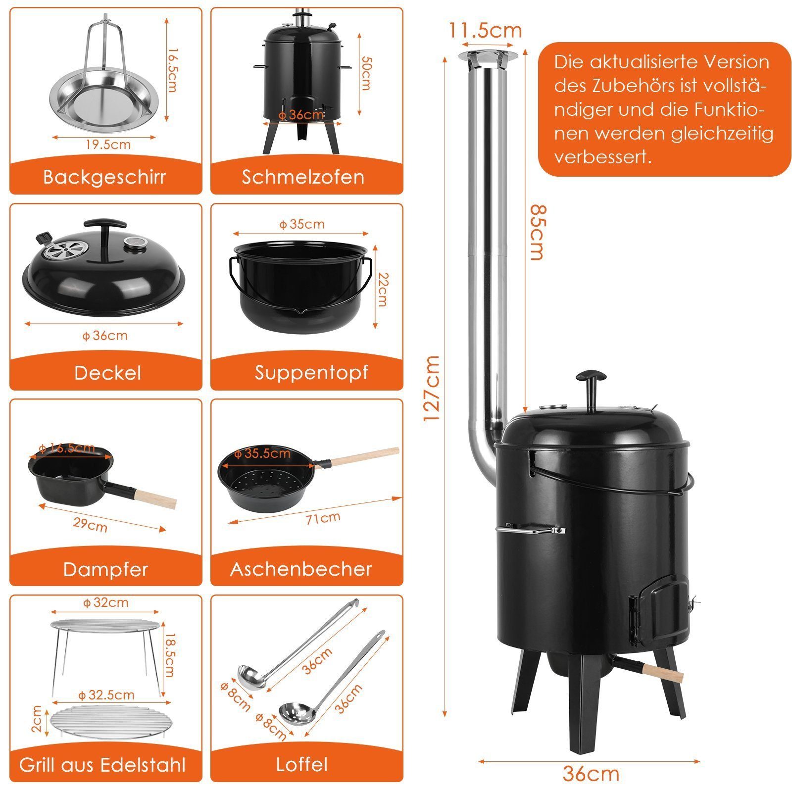 TLGREEN Holzkohlegrill 17+8L Gulaschkanone mit Thermometer & Zubehör, Multifunktionaler Schornsteintopf für Garten, Camping & Outdoor-Kochen, (Grillen, Schmoren, Dampfgaren)