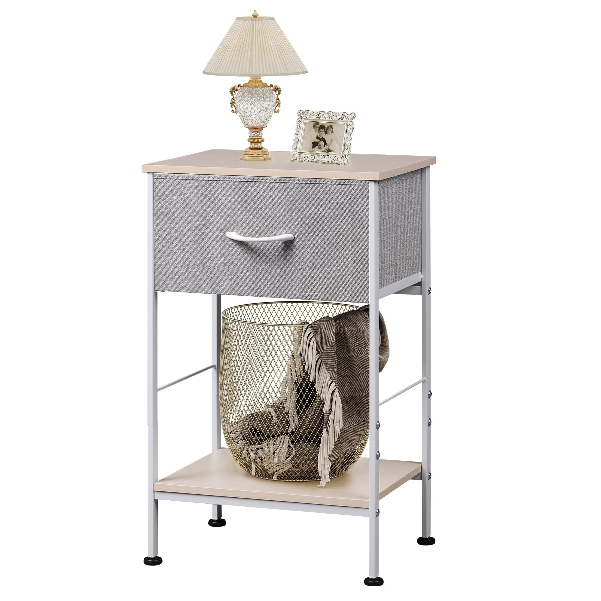 WLIVE Beistelltisch Nachttisch mit Stoffschublade & Ablage, 40×30×63 cm, Metallrahmen (1 Tisch), platzsparender Nachtschrank fürs Schlafzimmer & Wohnzimmer