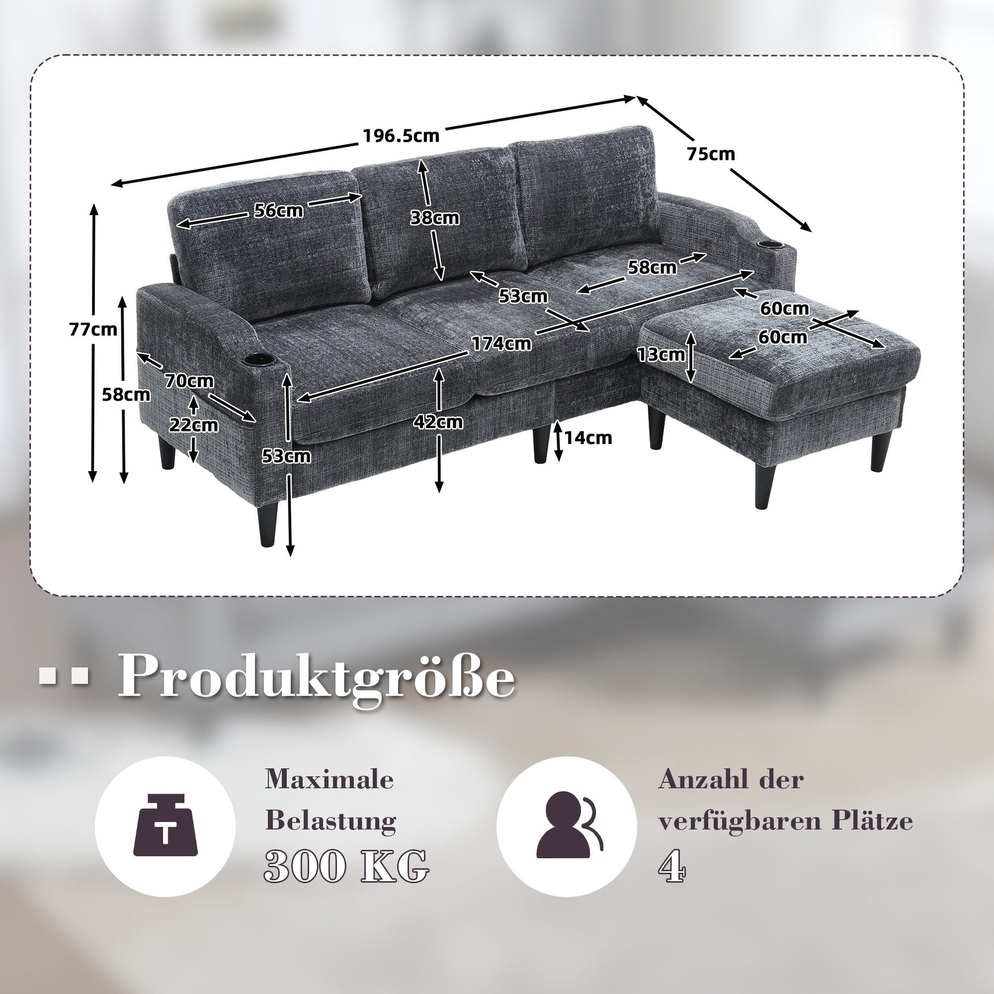 LVHOM Loungesofa mit Hocker & Stauraum, 4-Sitzer, Armlehnen, Getränkehalter, Seitentaschen, weiche Chenille-Stoff, modulare Sofa, hohe Sofabeine leicht zu reinigen, mit Relaxfunktion