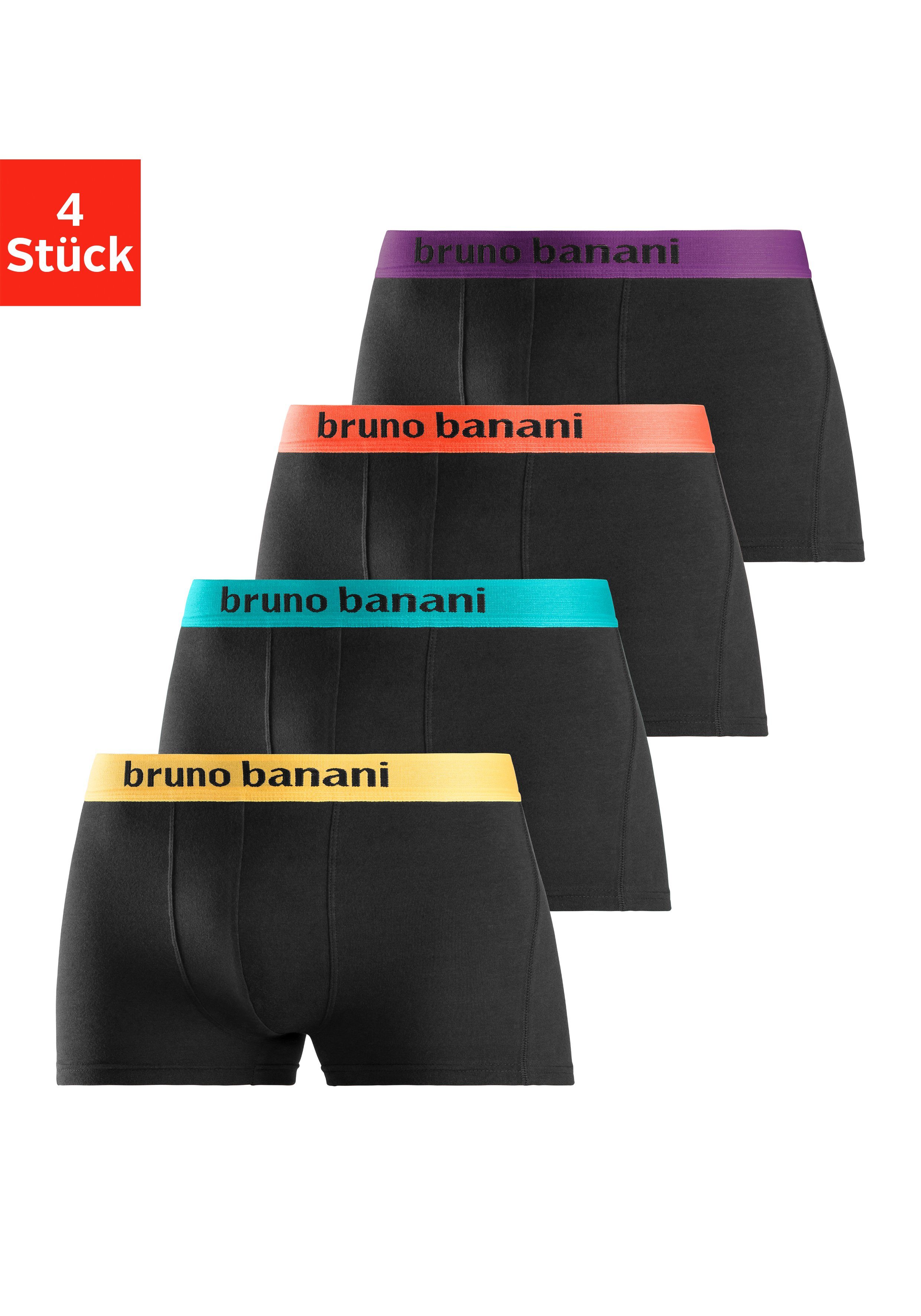 Bruno Banani Boxer (Packung, 4-St) mit farbigen Marken-Schriftzug am Bündchen schwarz-orange, schwarz-türkis, schwarz-gelb, schwarz-lila