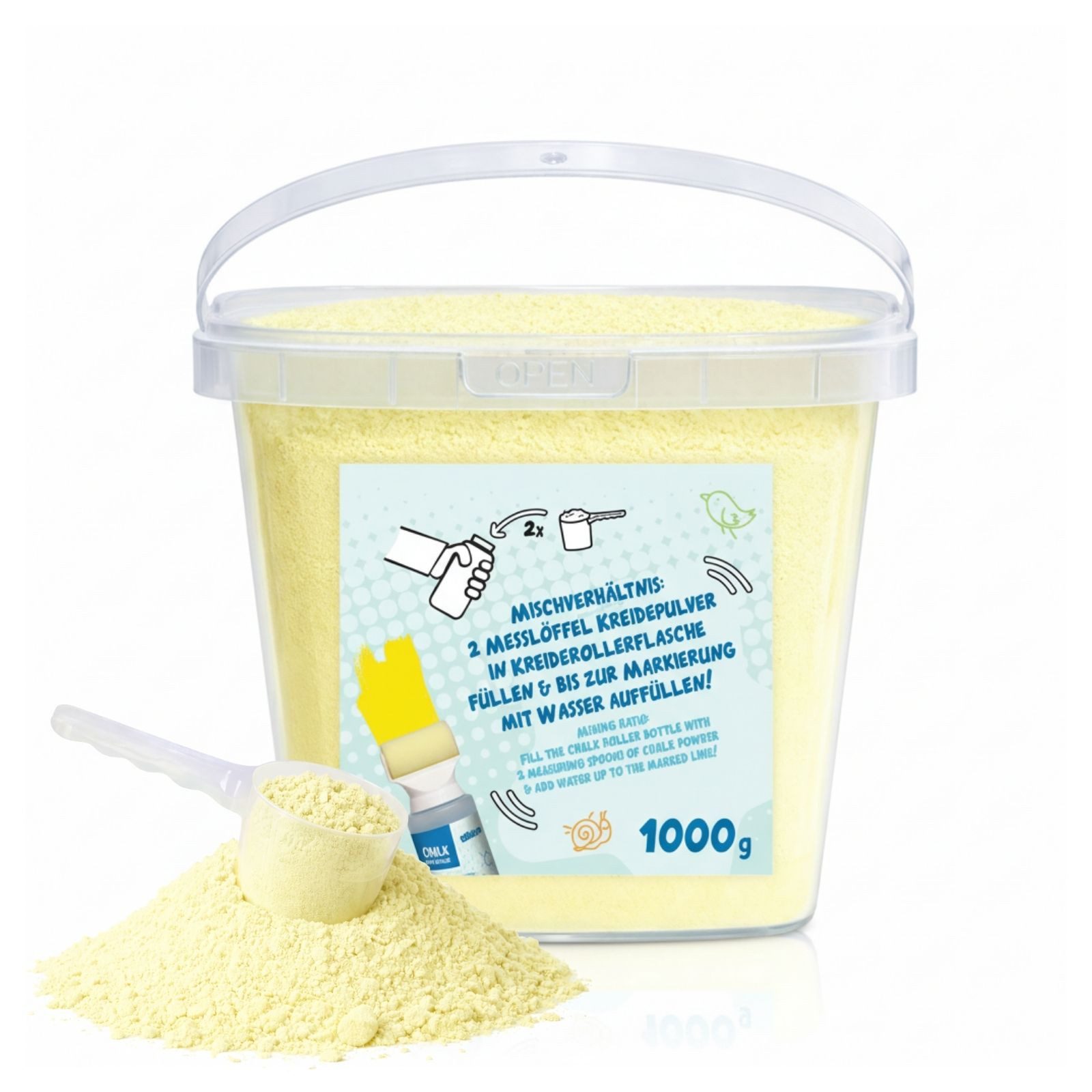 alldoro Malkreide Kreidepulver Gelb 1000g – Nachfüllpack für Straßenmalkreide-Roller, Mit Messlöffel, im wiederverschließbaren Eimer, für Kinder ab 3 Jahren