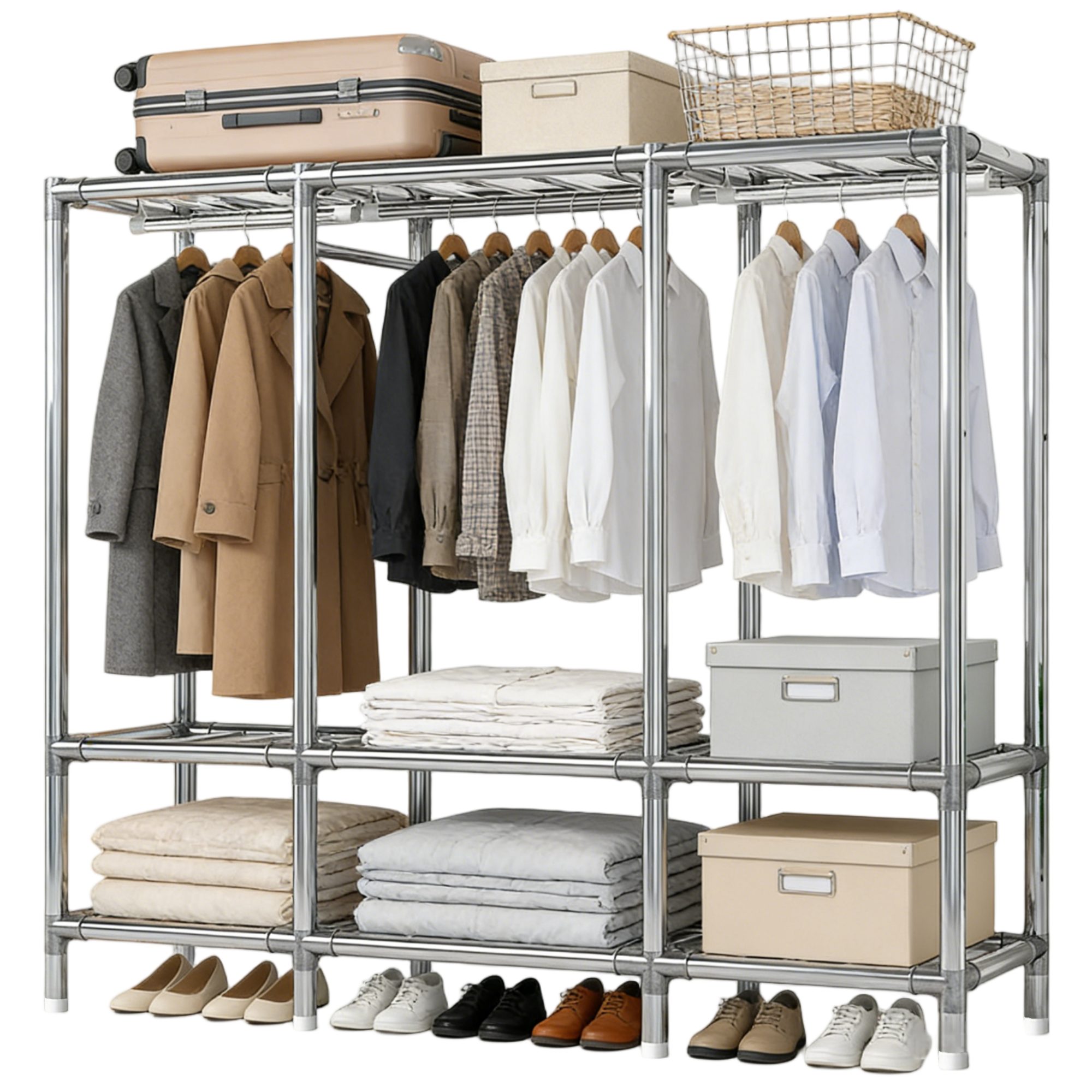 ibettertec Stoffschrank Kleiderschrank, 170 x 130 x 45 cm, Faltschrank (mit Überzug aus Vliesstoff, Kleiderstange, Metallgestell,grau,Praktische Möbel) Tragbarer Kleiderschrank,stoffkleiderschrank,mit Reißverschluss