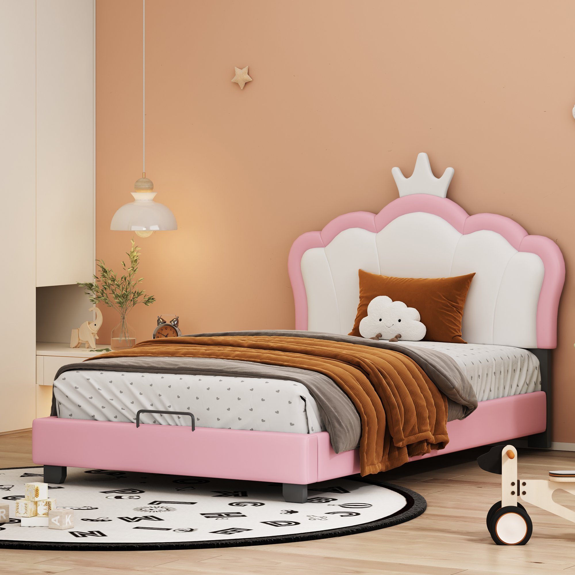Flieks Polsterbett, Kinderbett mit Kroneform Kopfteil Kunstleder 90x200cm rosa
