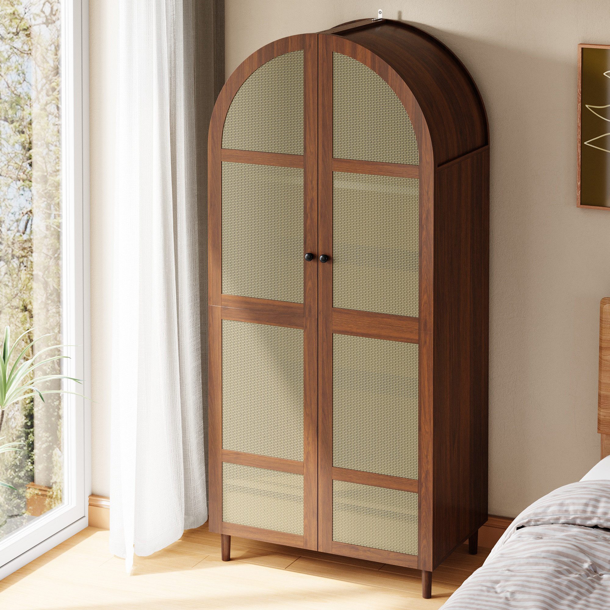 Merax Kleiderschrank mit gebogenen Türen, Rattan-Frontdesign und großem Stauraum (80 L x 50 B x 179 H cm, 1-St) Garderobenschrank Schrank mit Kleiderstange, Abl – Bild 4 von 5