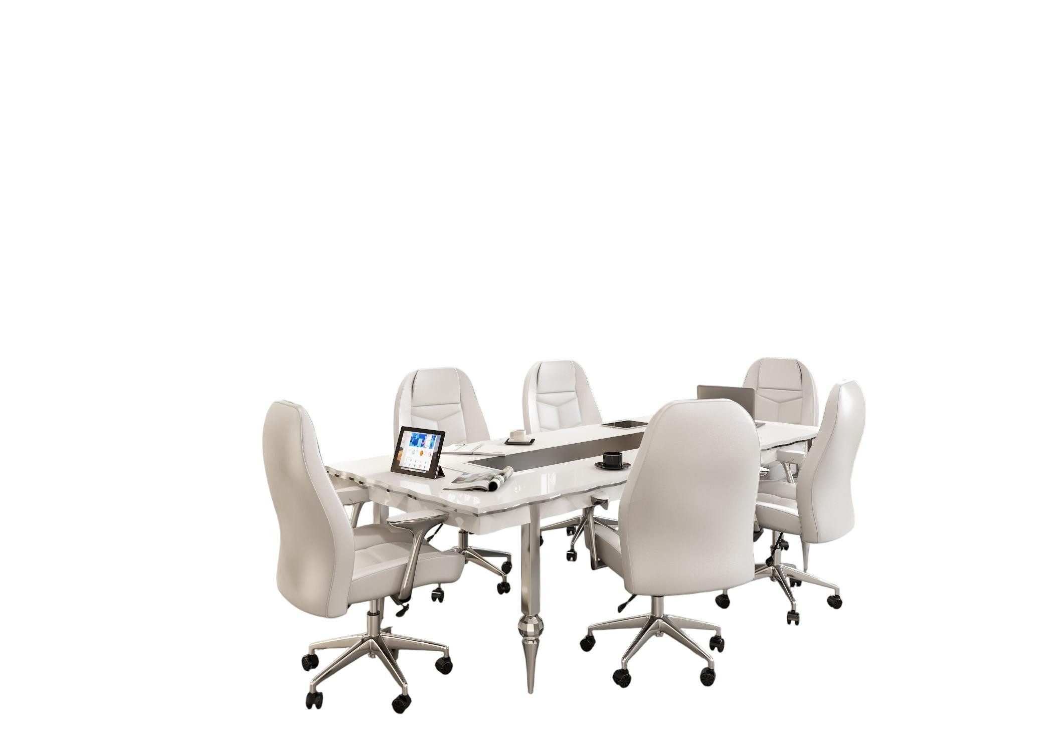 JVmoebel Konferenztisch Arbeitszimmer-Set Weiß Holz Modern Elegant Möbelkombination (MaßeKonferenztisch, Maße6x Bürostuhle, MaßeTV-Ständer), Made in Europe