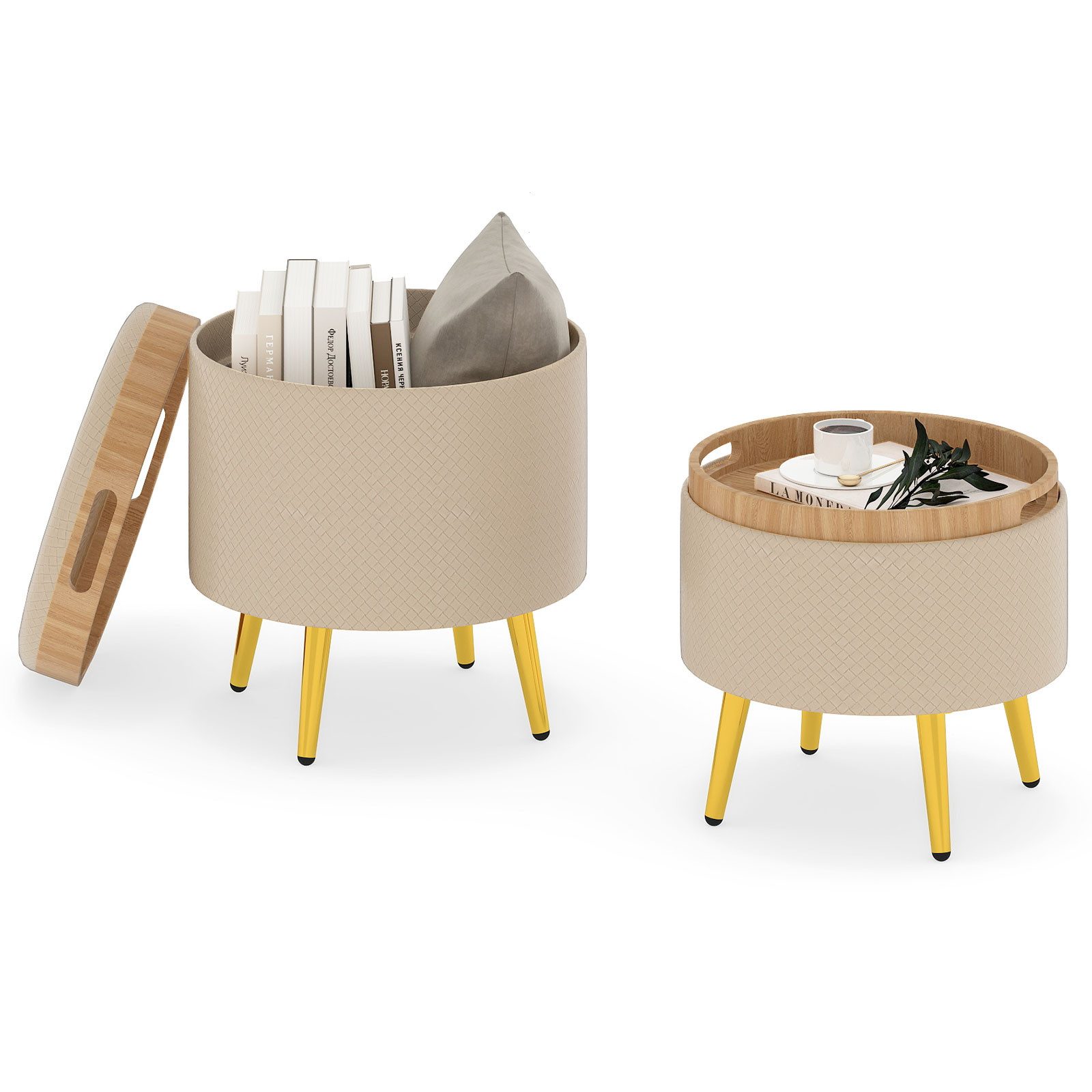 COSTWAY Sitzhocker (2er Set), rund mit Stauraum, gepolsterter Fußhocker Metallbeine