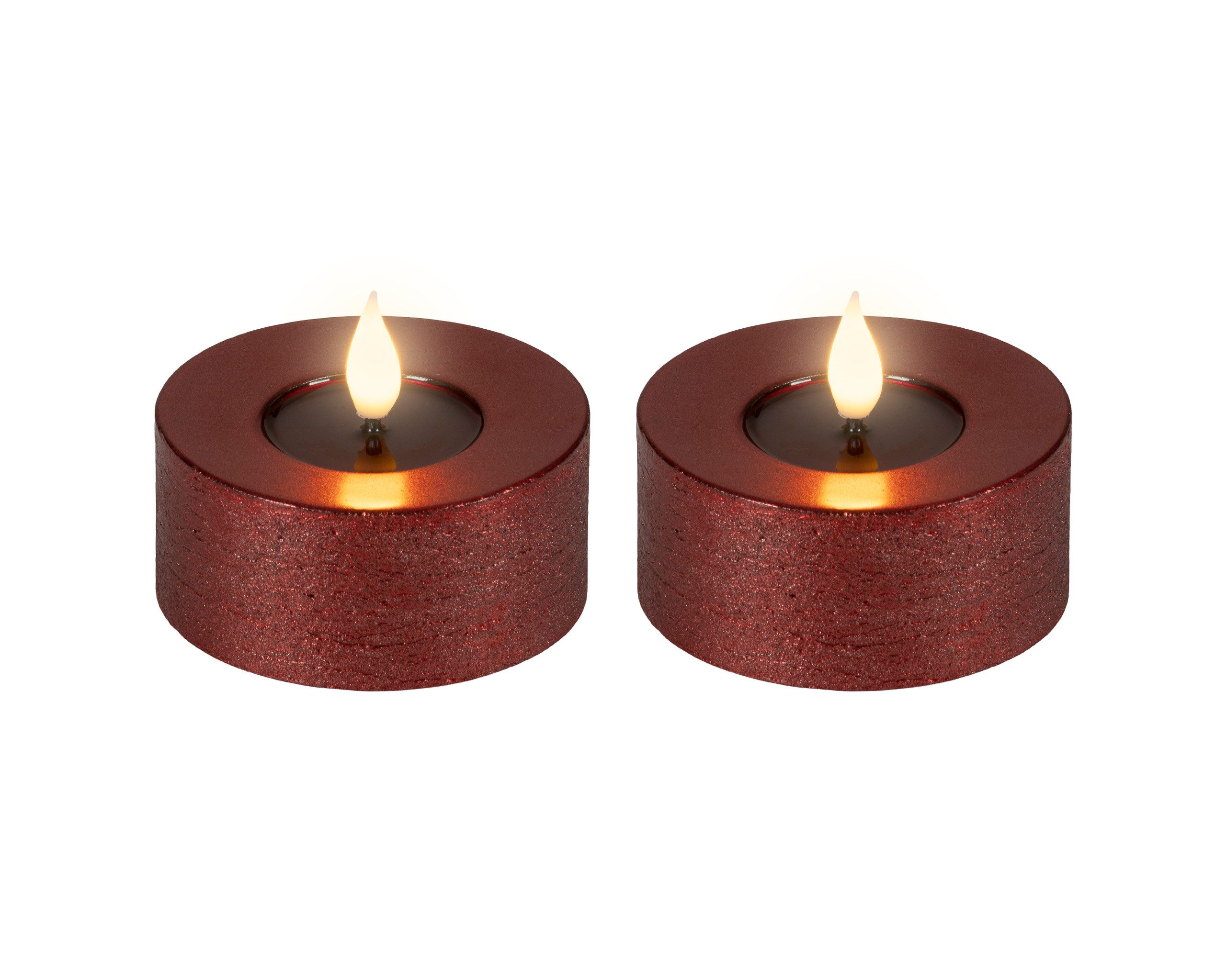 Lumineo LED-Kerze, Timer, warmweiß, LED Kerzen 6x7,5cm Timer Wachs 2 Stück - Flacker-Effekt Ochsenblut