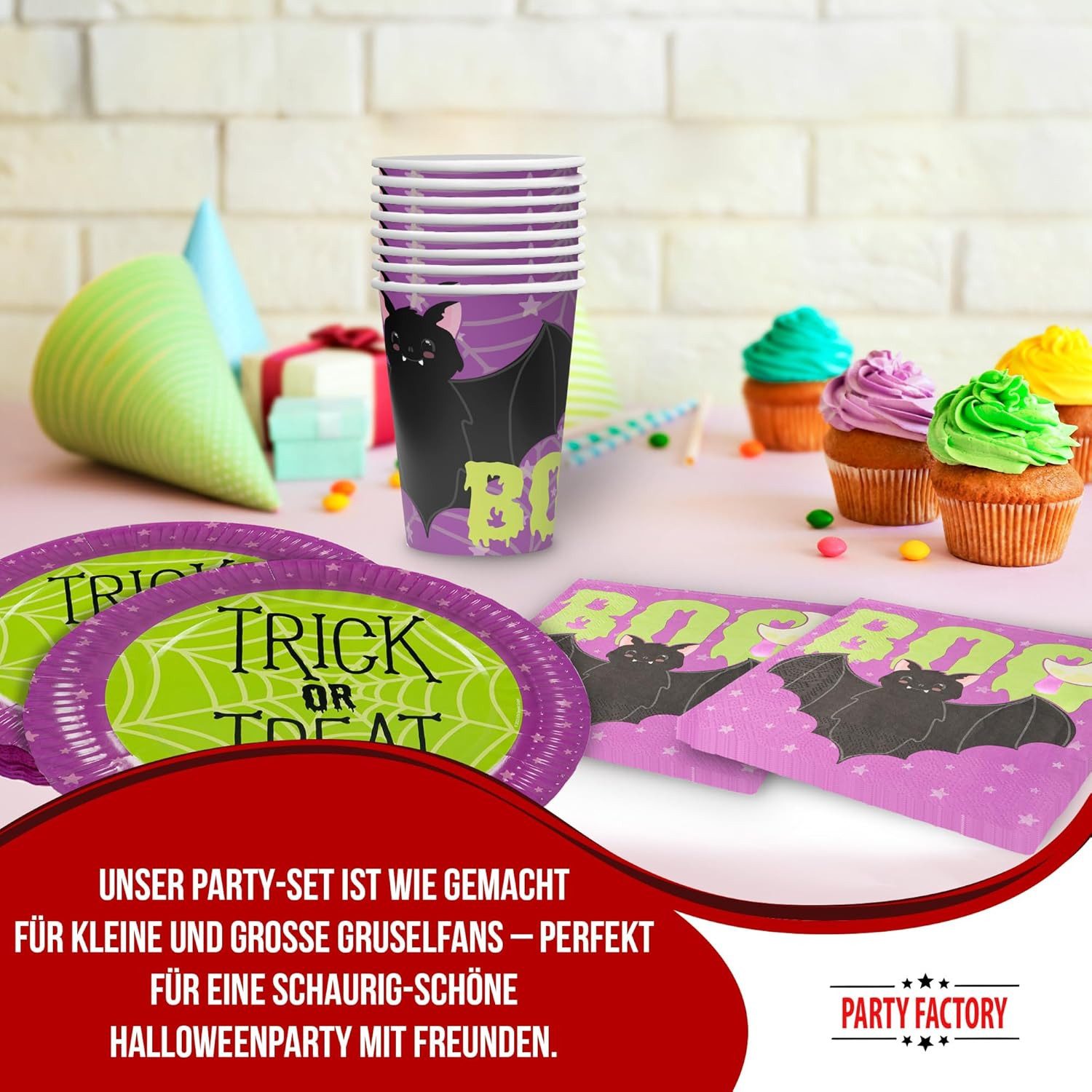 Party Factory Geschirr-Set Halloween Skelett 36-tlg Party-Set mit Becher, Teller und Servietten, 8 Personen, schaurig, spaßig und unkompliziert