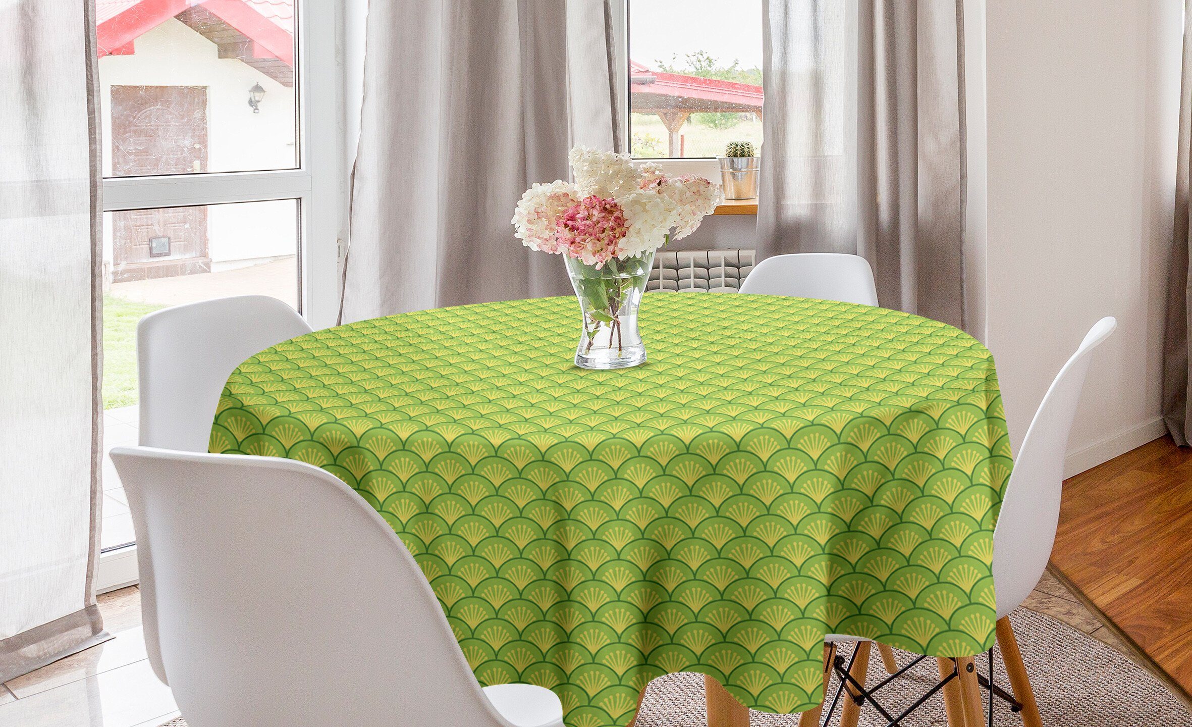 Abakuhaus Tischdecke Kreis Tischdecke Abdeckung für Esszimmer Küche Dekoration, Grün Japanische Blumen Waves