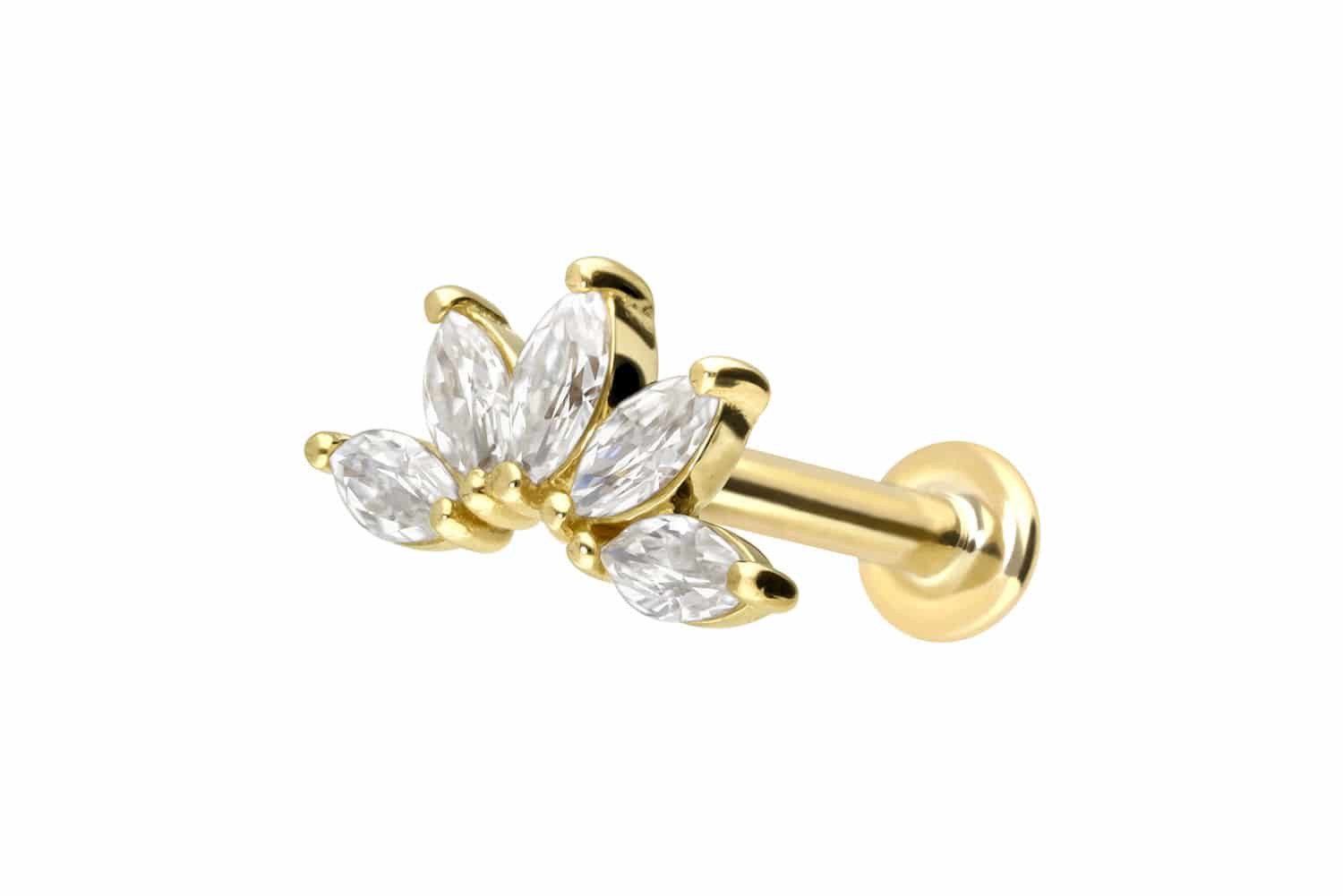 Piercing-Set 14 Karat Gold Labret mit Innengewinde MOISSANIT-LOTUSBLÜTE
