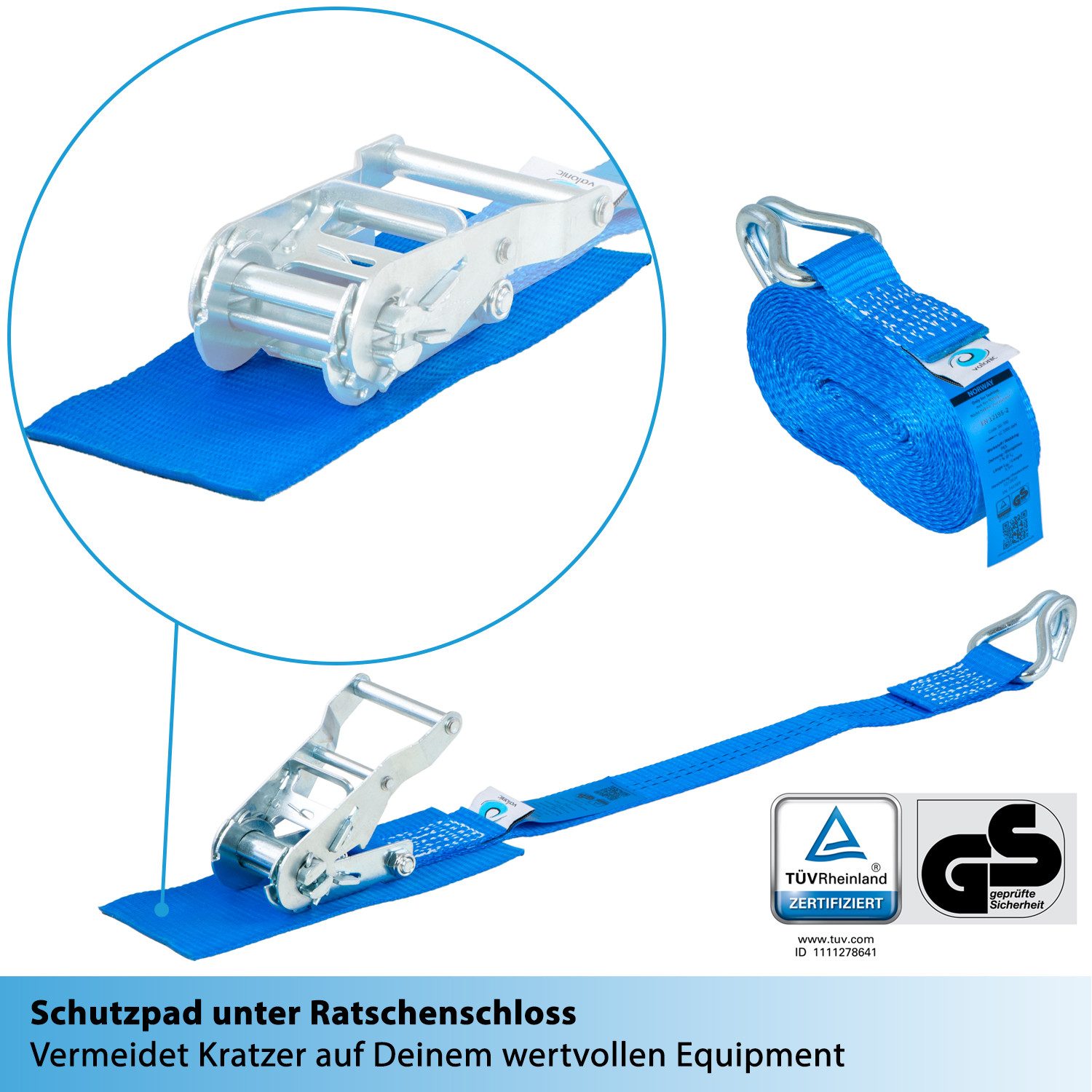 valonic Spanngurt valonic NORWAY 4x Spanngurte mit Haken 6m 1000 kg TÜV-GS mit Polster (4er Set, 4 Stück Spanngurt mit Ratsche) gepolsterte Ratschengurte mit robusten Haken