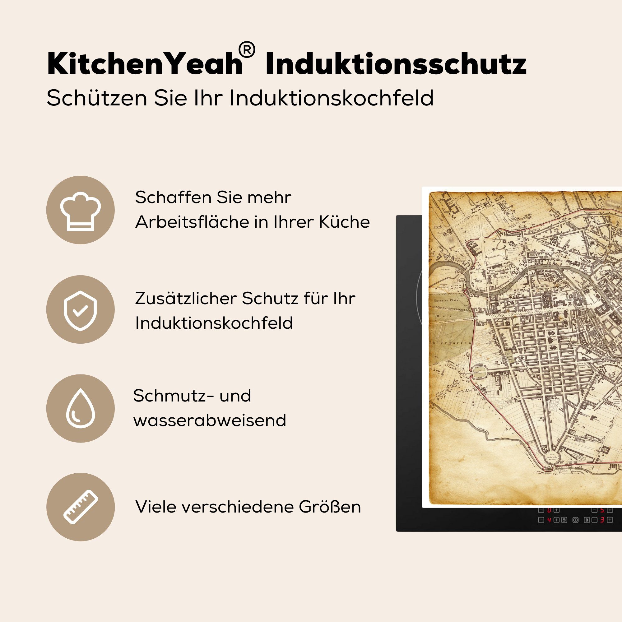 MuchoWow Herdblende-/Abdeckplatte cm, einer von Berlin, Illustration Mobile (1 70x52 nutzbar, Vinyl, Karte Arbeitsfläche alten tlg), Ceranfeldabdeckung