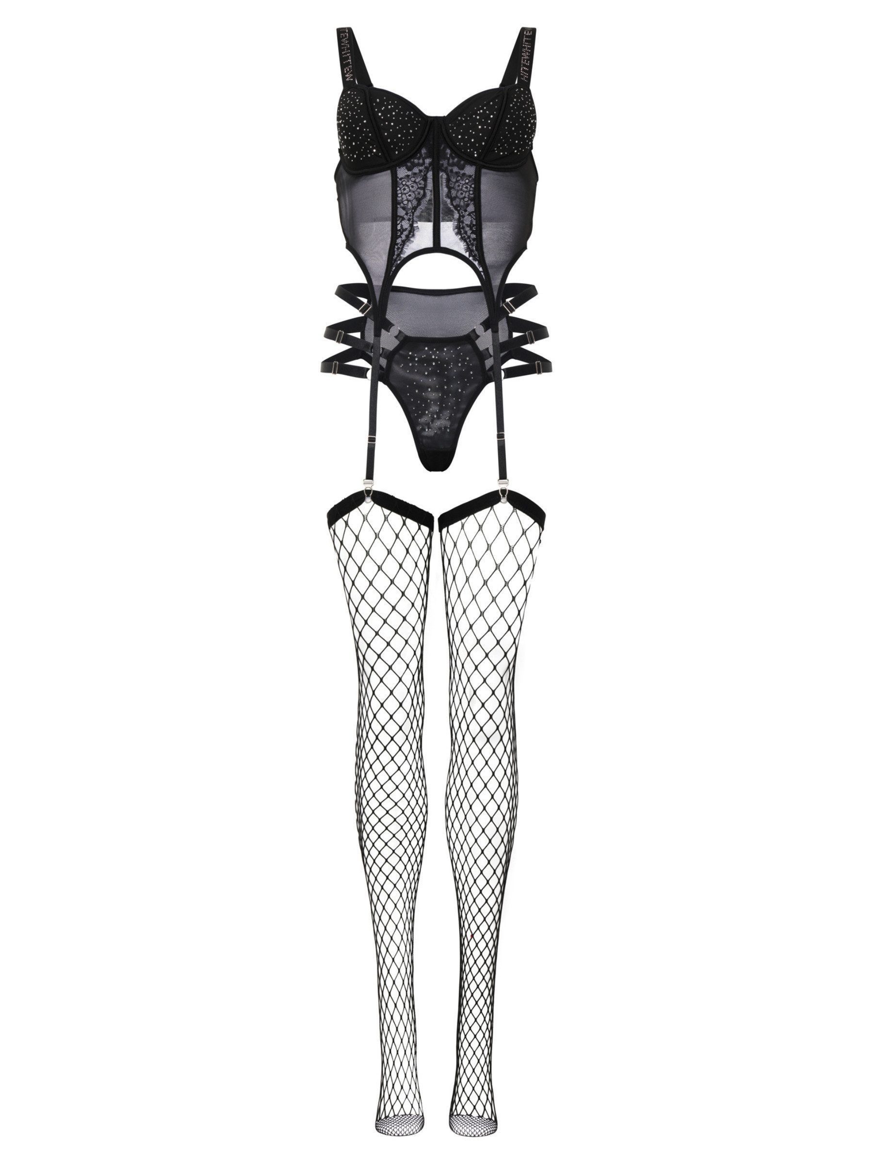 Elegant Love Set: Corsage Strass Lingerie-Set – Damenunterwäsche im Corsagenstil (Set, 3-tlg., + Tanga, Body + Netzstrümpfen) Sexy Dessous-Set – Reizwäsche