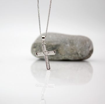 ELLAWIL Kreuzkette Silberkette mit Kreuz Anhänger Halskette Jesuskreuz Strasssteine Herz (Kettenlänge 50 cm, Sterling Silber 925), inklusive Geschenkschachtel